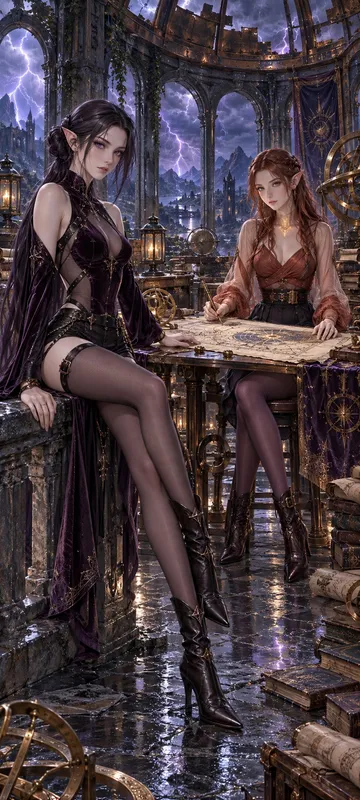 Full-body duo portrait of a Shadow Elf and Rune Elf decoding a celestial map while seated in a storm-lit observatory archive.