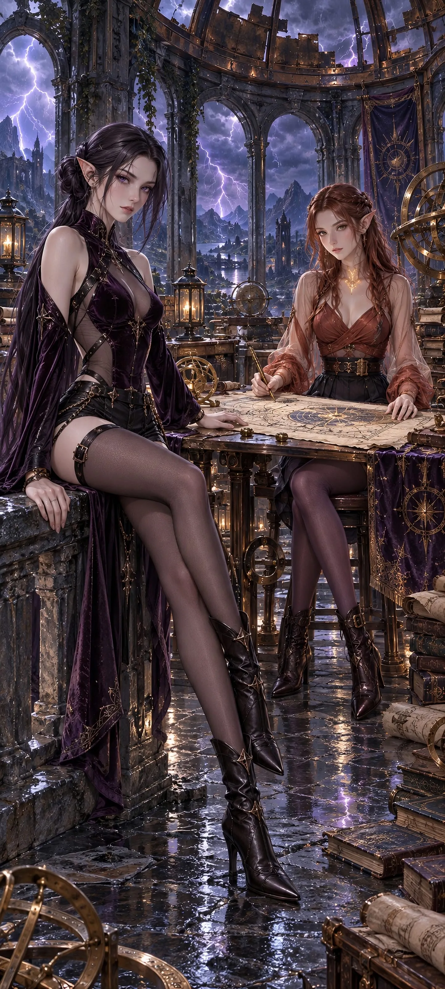 Full-body duo portrait of a Shadow Elf and Rune Elf decoding a celestial map while seated in a storm-lit observatory archive.