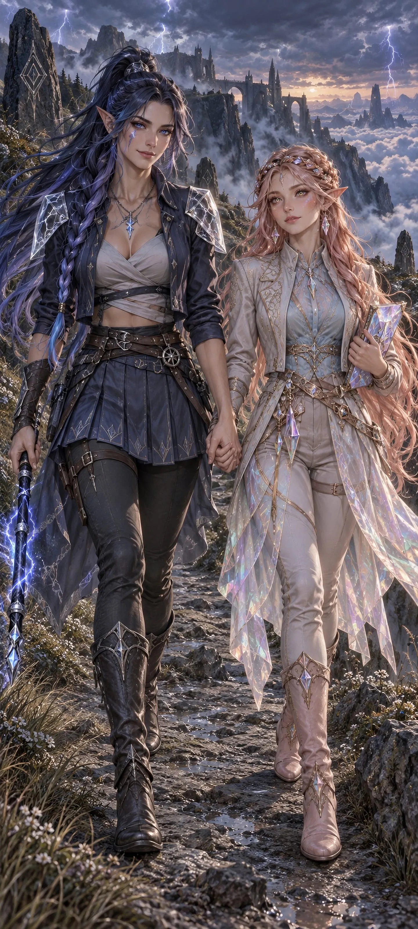 A Storm Elf in a stylish mini skirt and a Crystal Elf wardwright hold a prism barrier above a stormy cliff.