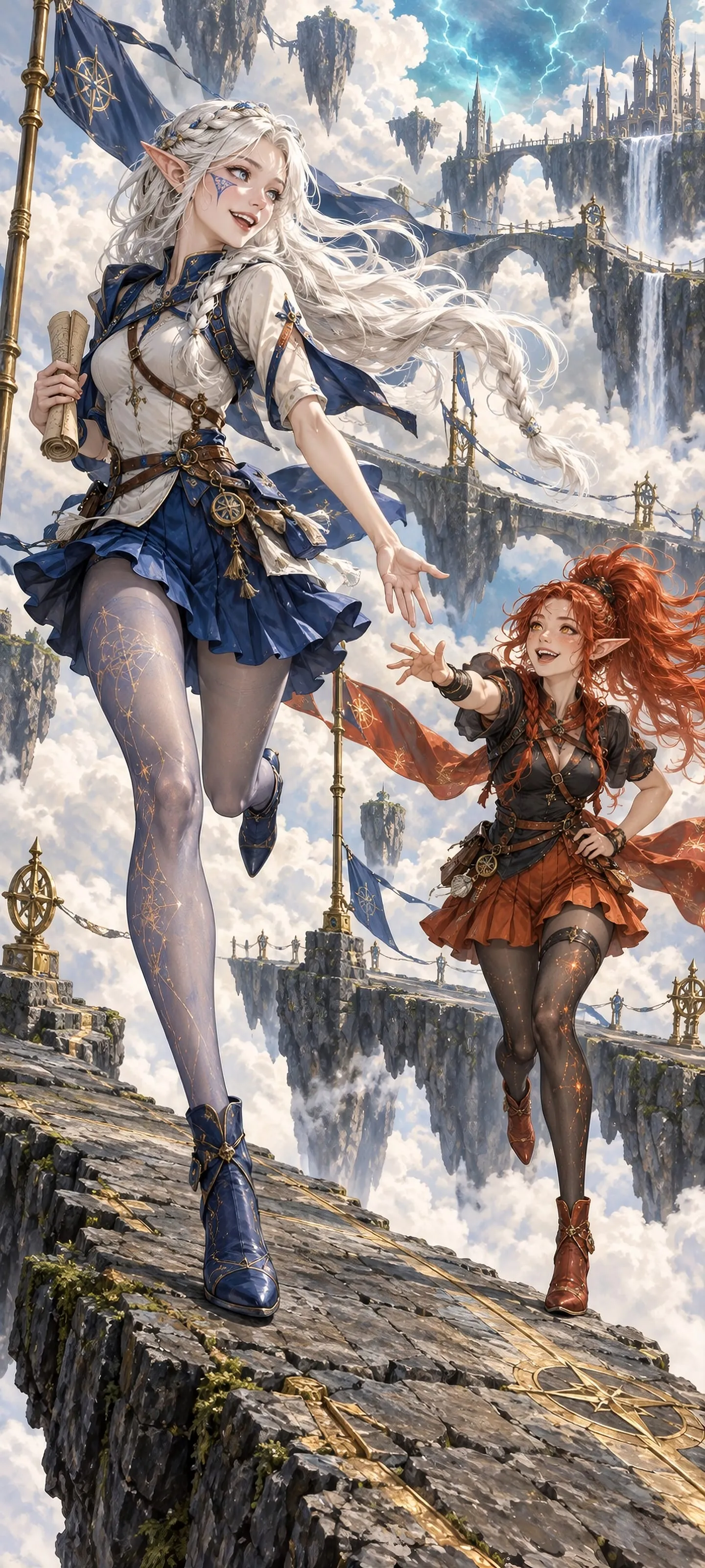 Two elven couriers in cobalt and rust-red outfits run across floating sky bridges, reaching toward each other beneath a bright stormy sky.