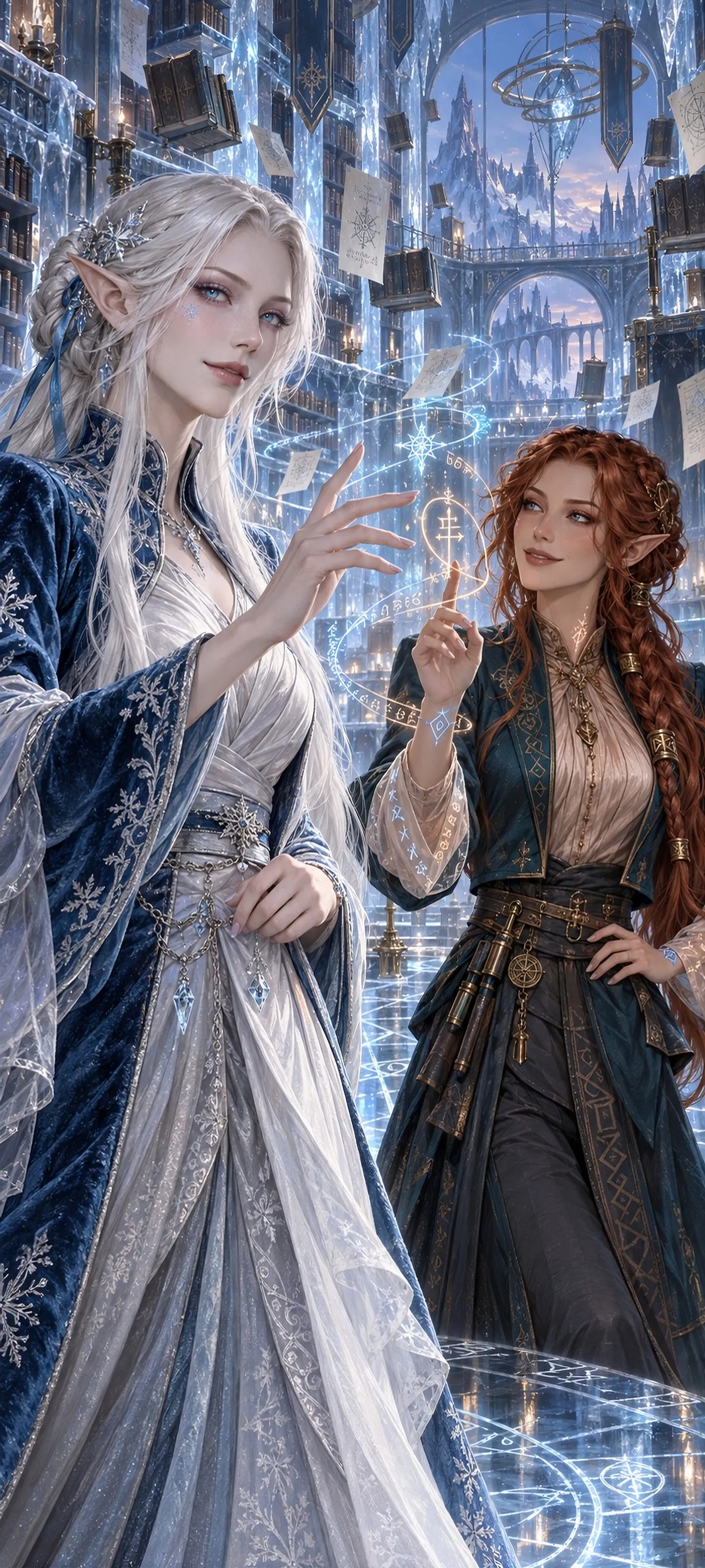 Two distinct adult elven women, a Frost Elf and a Rune Elf, perform a magical waltz in a frozen arcane archive.