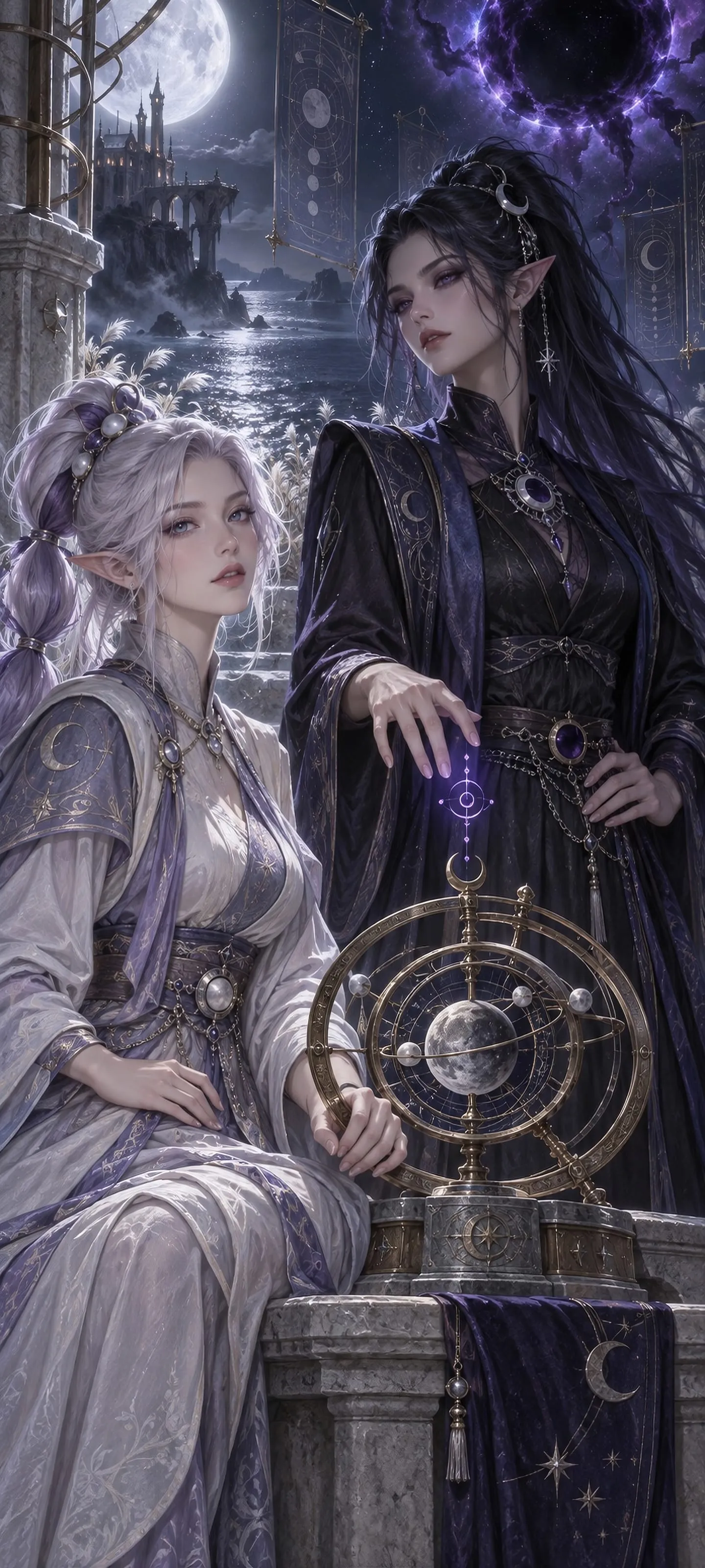 Two distinct adult elven women align a lunar astrolabe beside a moonlit rift above a black sea.