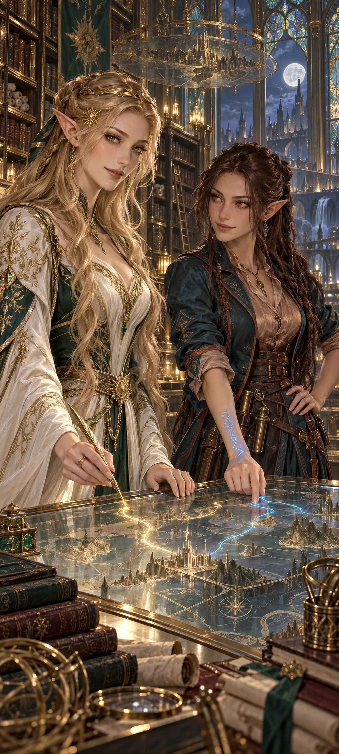 Waist-up portrait of a High Elf archivist and Rune Elf cartographer awakening a royal map in a moonlit palace archive.
