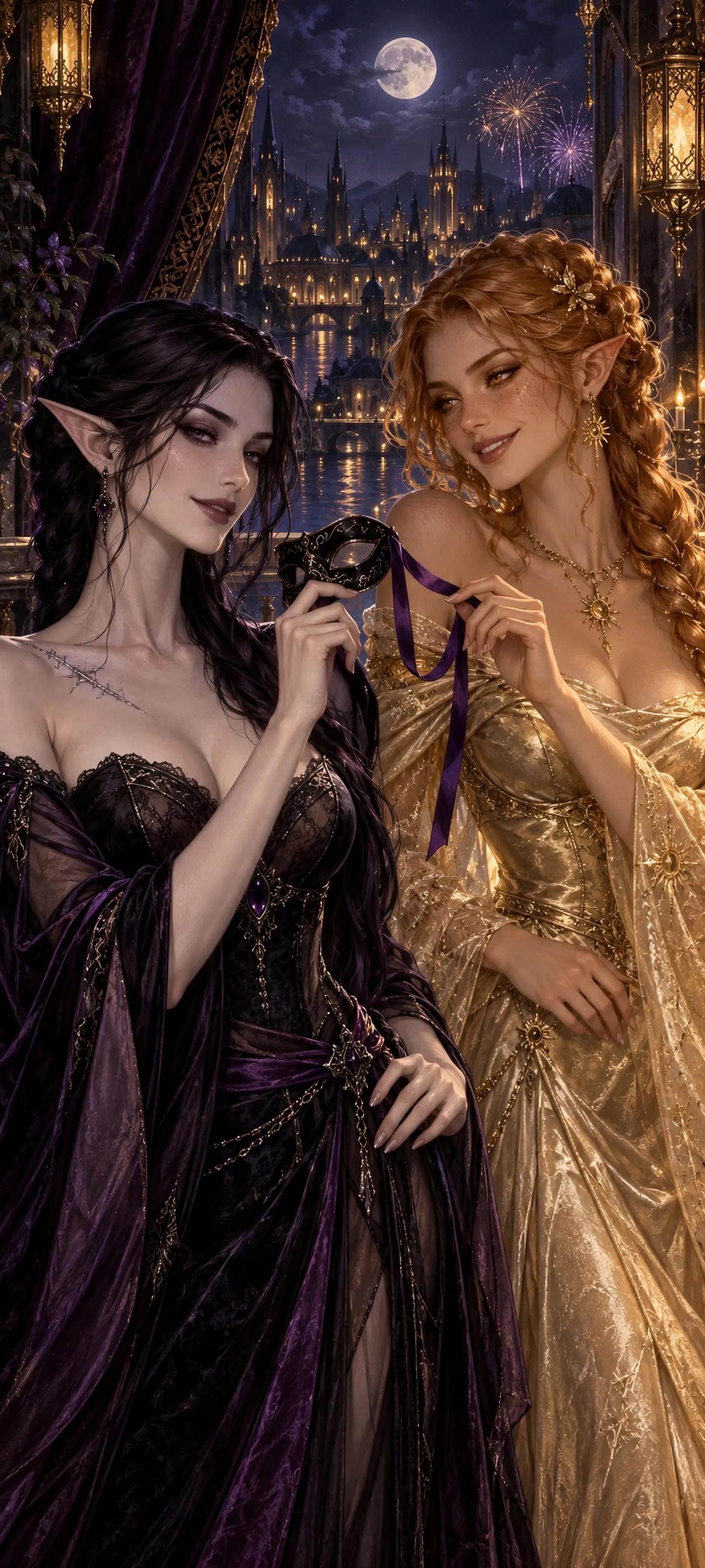 Waist-up portrait of a Shadow Elf and Sun Elf teasing each other with a masquerade mask on a moonlit palace balcony.