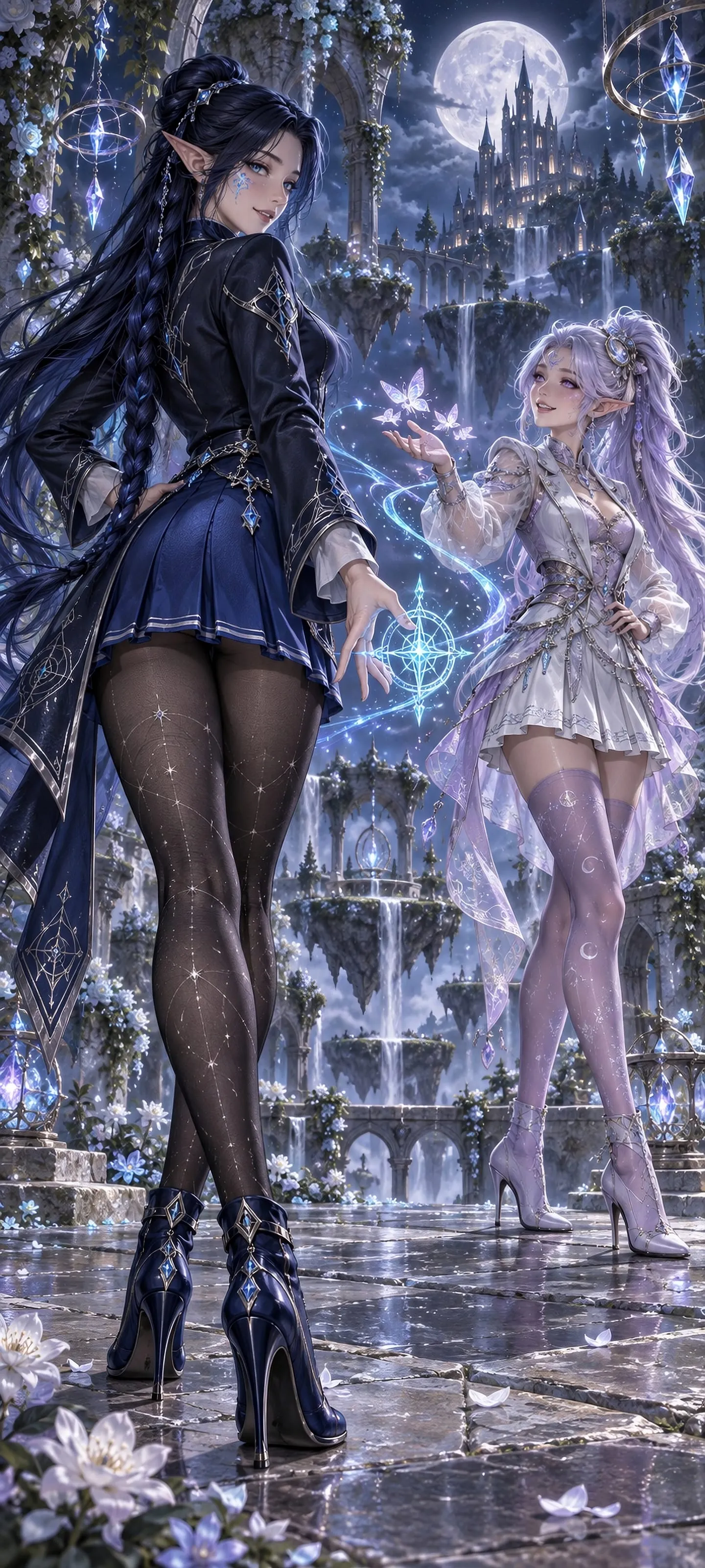 Full-body view of an Arcane Elf with dark blue hair and a Dream Elf with silver hair dueling playfully in mini skirts and stockings; one mage is seen from behind.