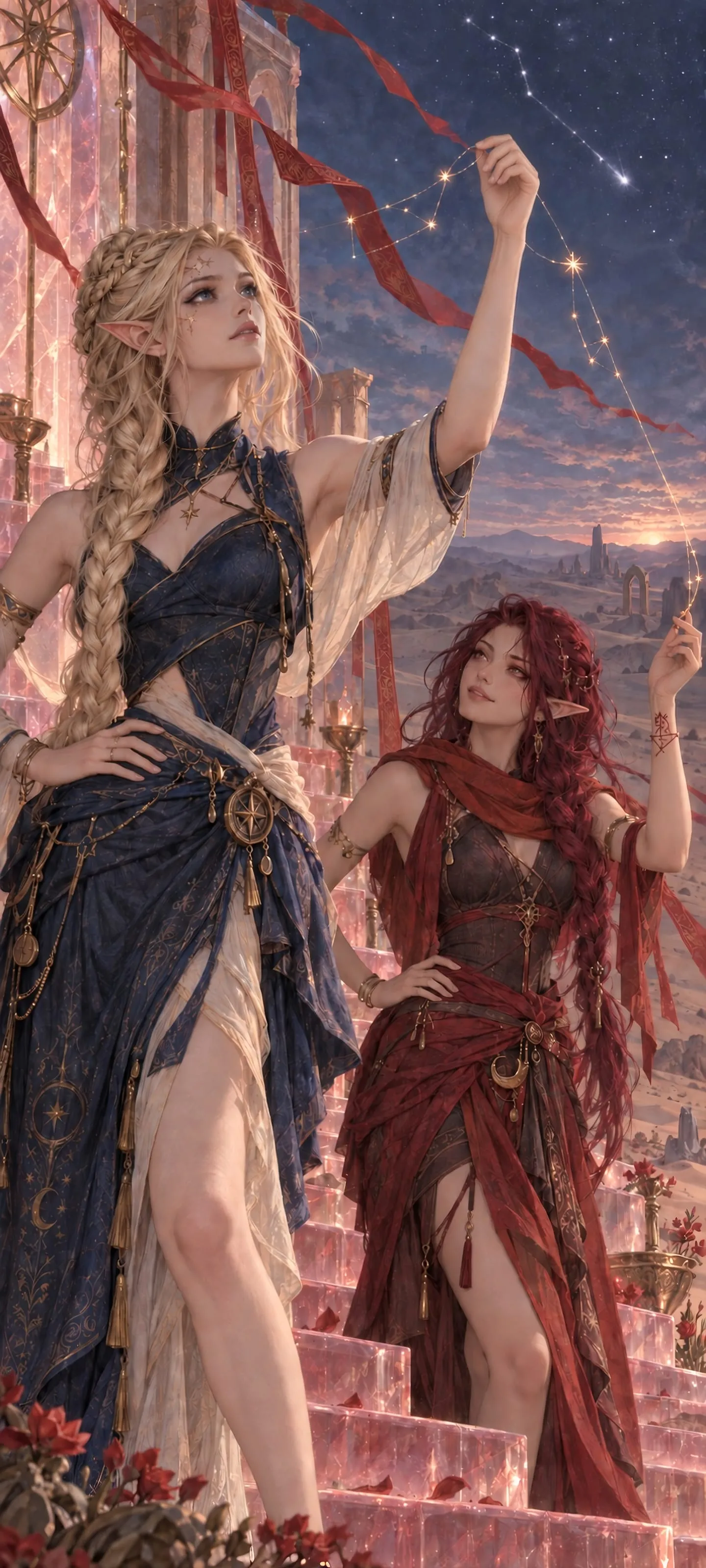 Knees-up portrait of a slender Star Elf and Blood Elf sharing a luminous star-map thread at an ancient roseglass dune shrine.