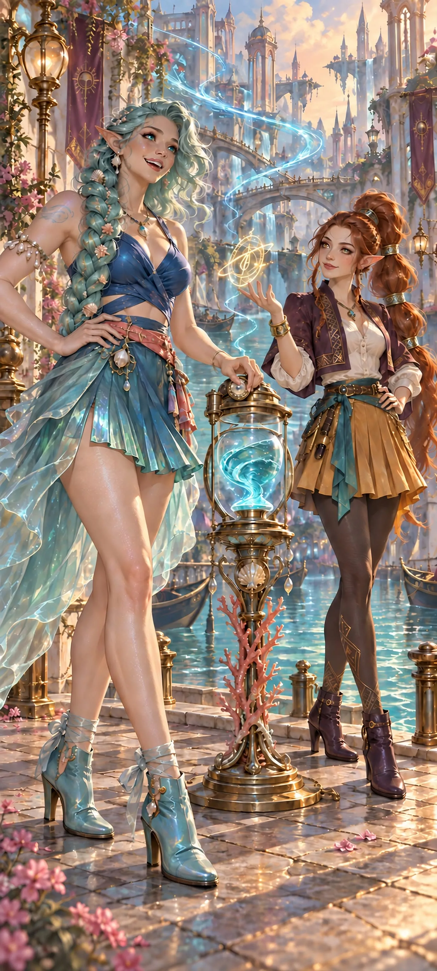 Full-body portrait of two distinct adult elven women, a Sea Elf and Rune Elf, guiding blue tide magic around an enchanted hourglass in a luminous canal city.