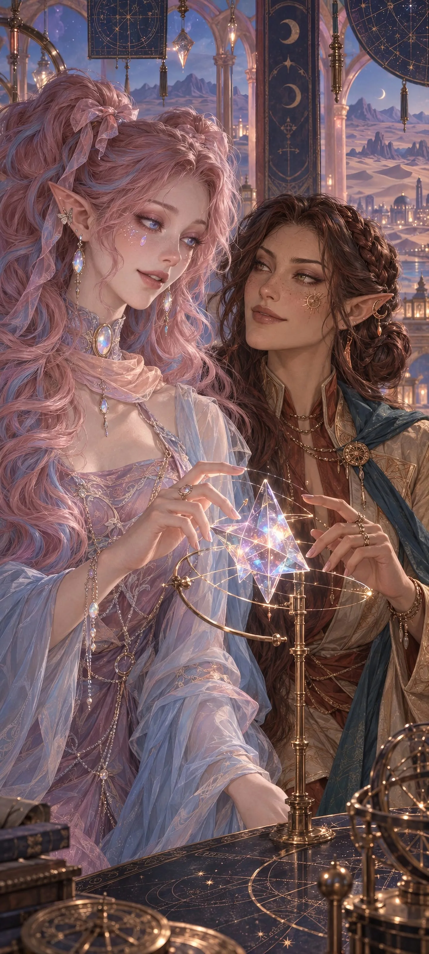 Two distinct adult elven women, a Dream Elf and Desert Elf, decode a mysterious star echo inside a roseglass desert observatory.