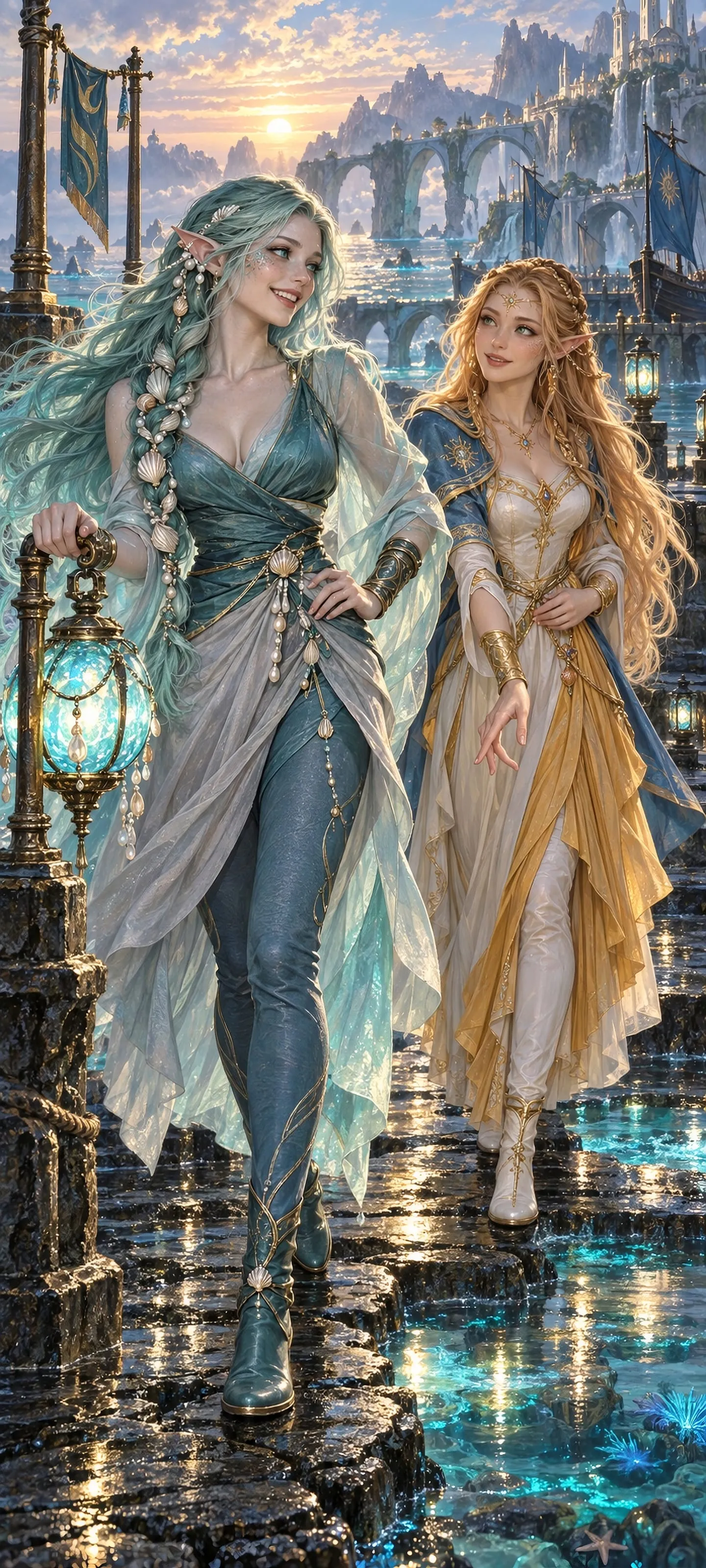 Two distinct adult elven women, a Sea Elf and High Elf, renew an oath while crossing a luminous tidal causeway at dawn.