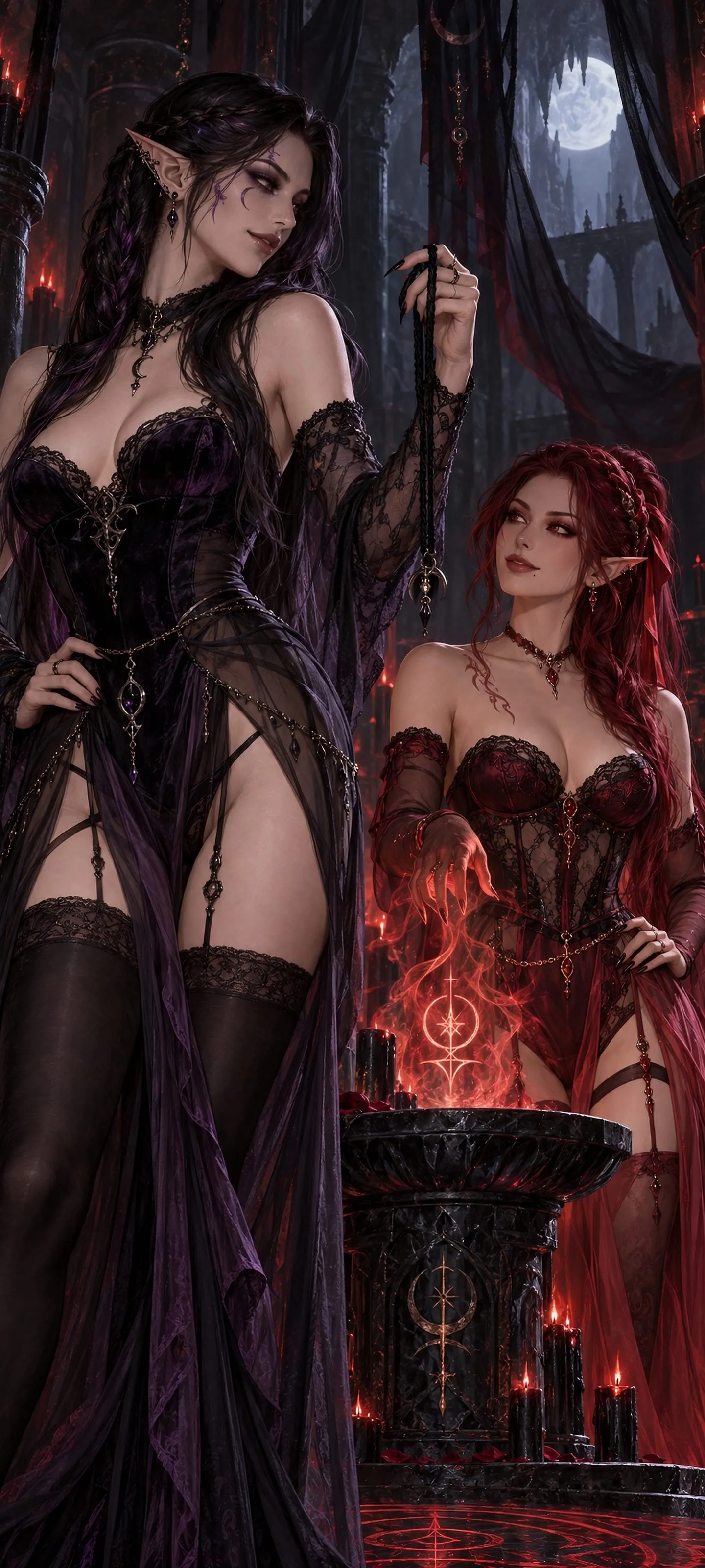 Two distinct adult elven women, a Shadow Elf and Blood Elf, perform a dangerous forbidden vow ritual in elegant black and crimson lingerie.
