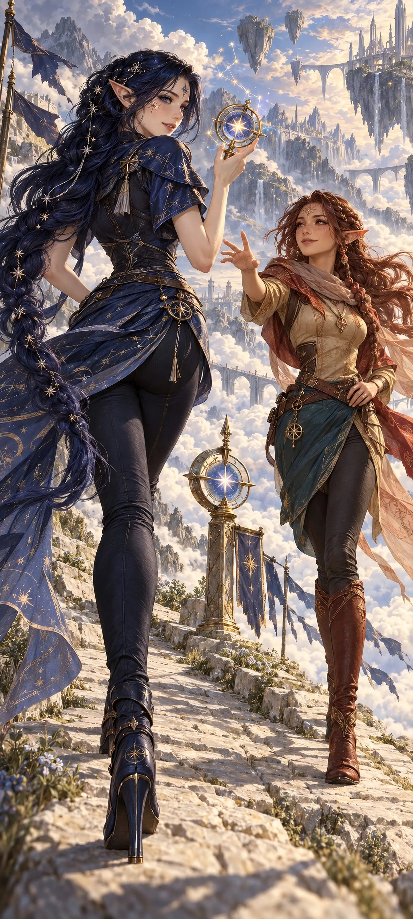 Two distinct adult elven women, a Star Elf viewed from behind and a Desert Elf, cross a high cloud-filled vale beneath a falling constellation.