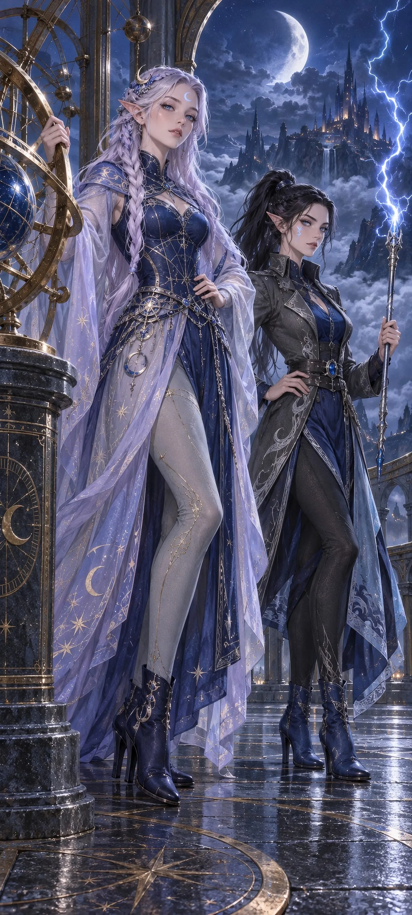 A moon elf cartographer and storm elf guide a living constellation through an astrolabe.