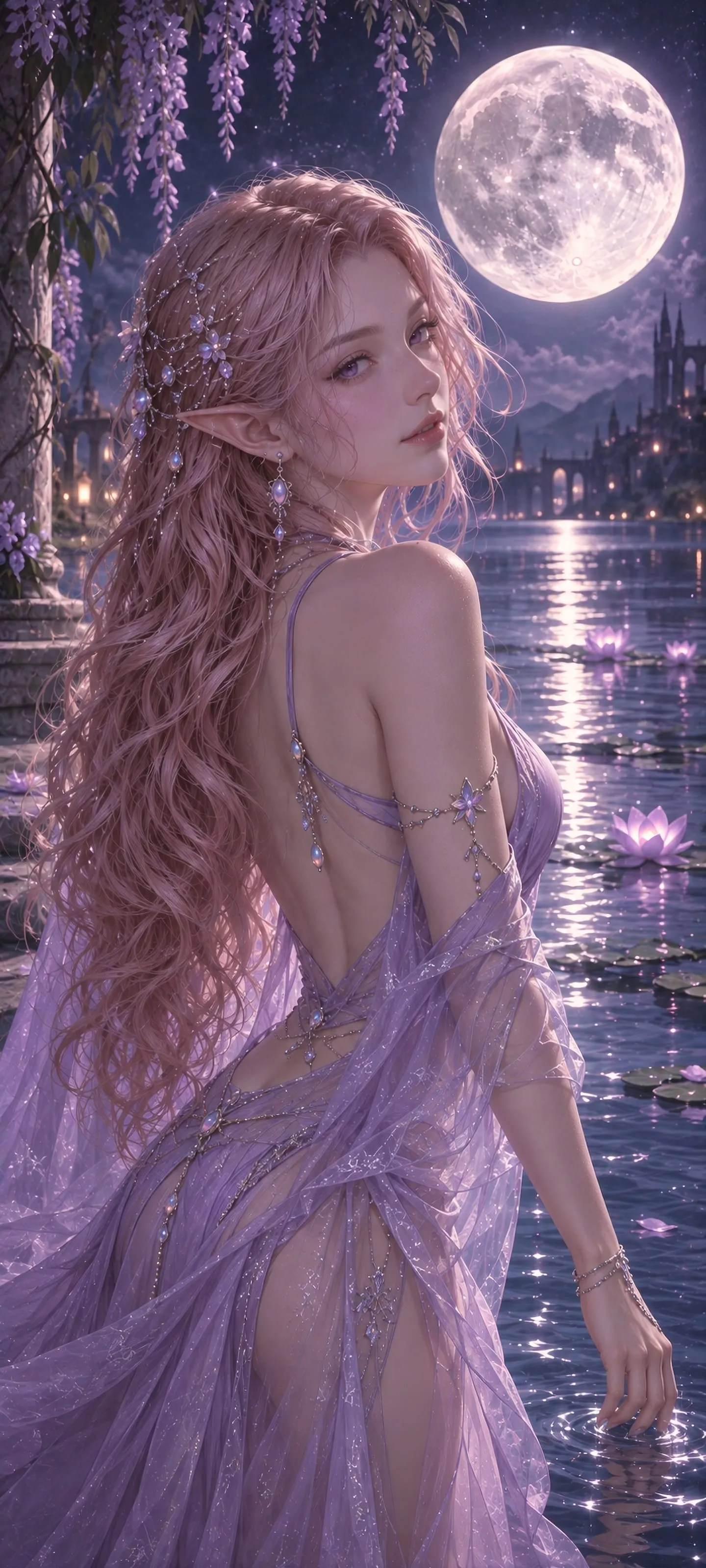 Waist-up rear three-quarter view of a dream elf with long rose-gold hair looking back in a lilac bikini beside a moonlit lake.