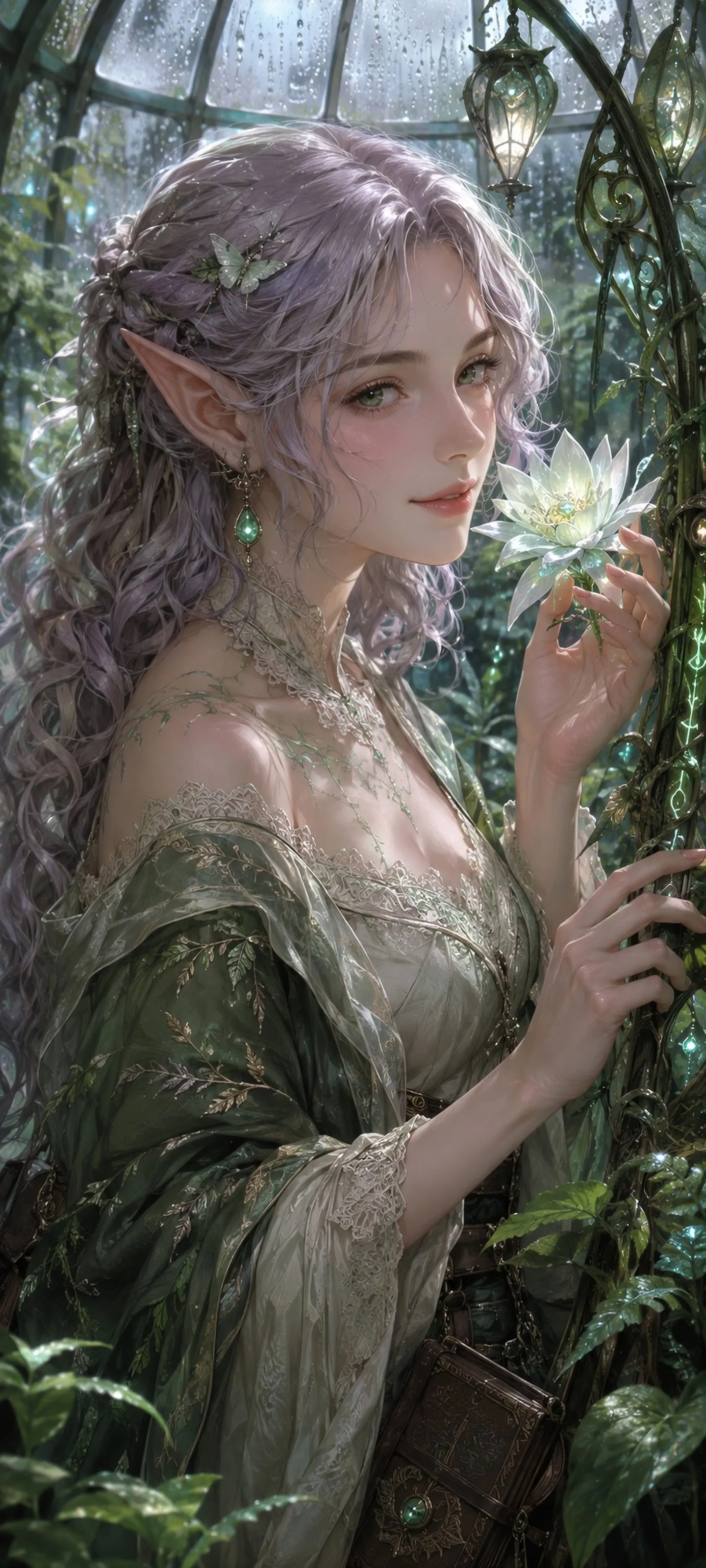 Close portrait of a rune elf with silver-lavender curls whispering to a glowing flower in a rain-filled glasshouse.