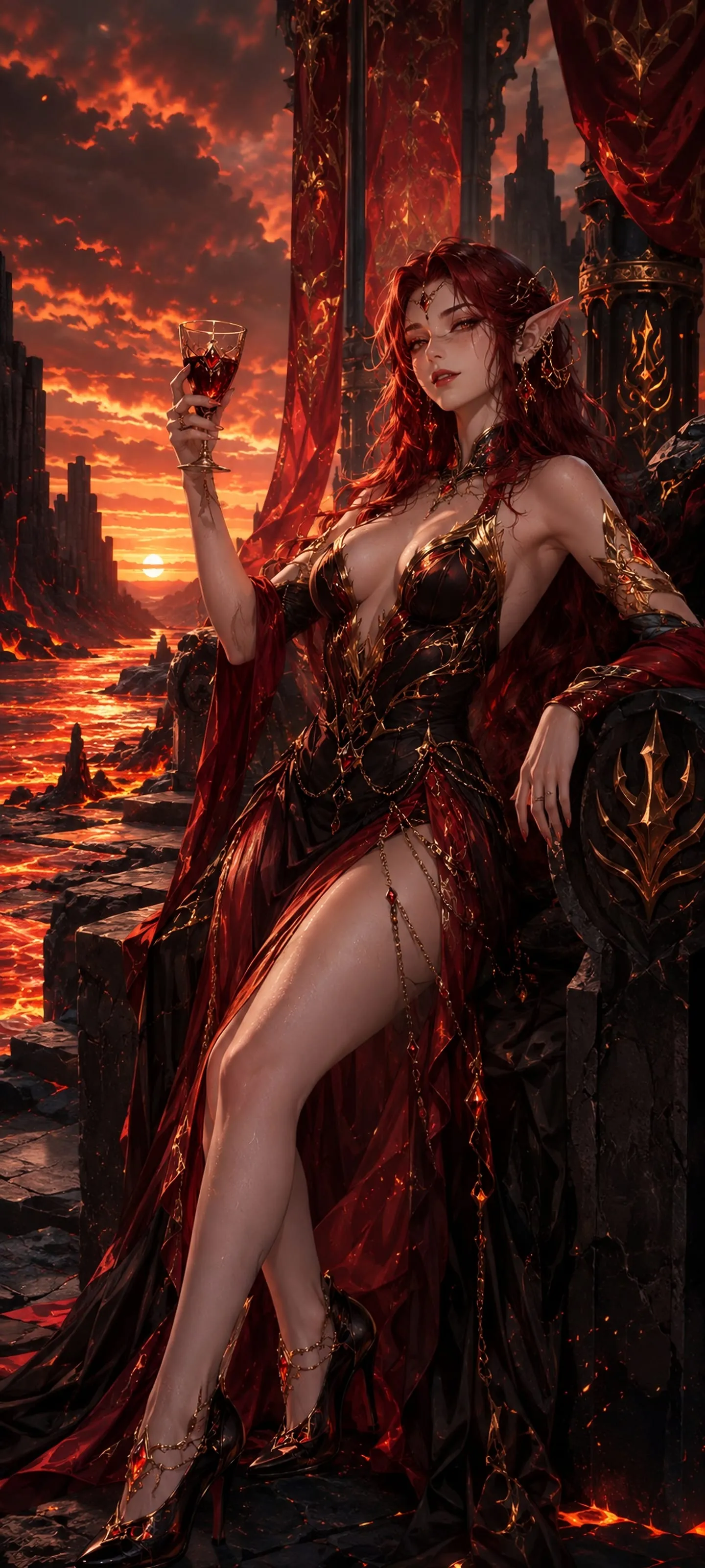 Confident ember elf queen with long auburn hair and a seductive smile on a volcanic palace terrace.