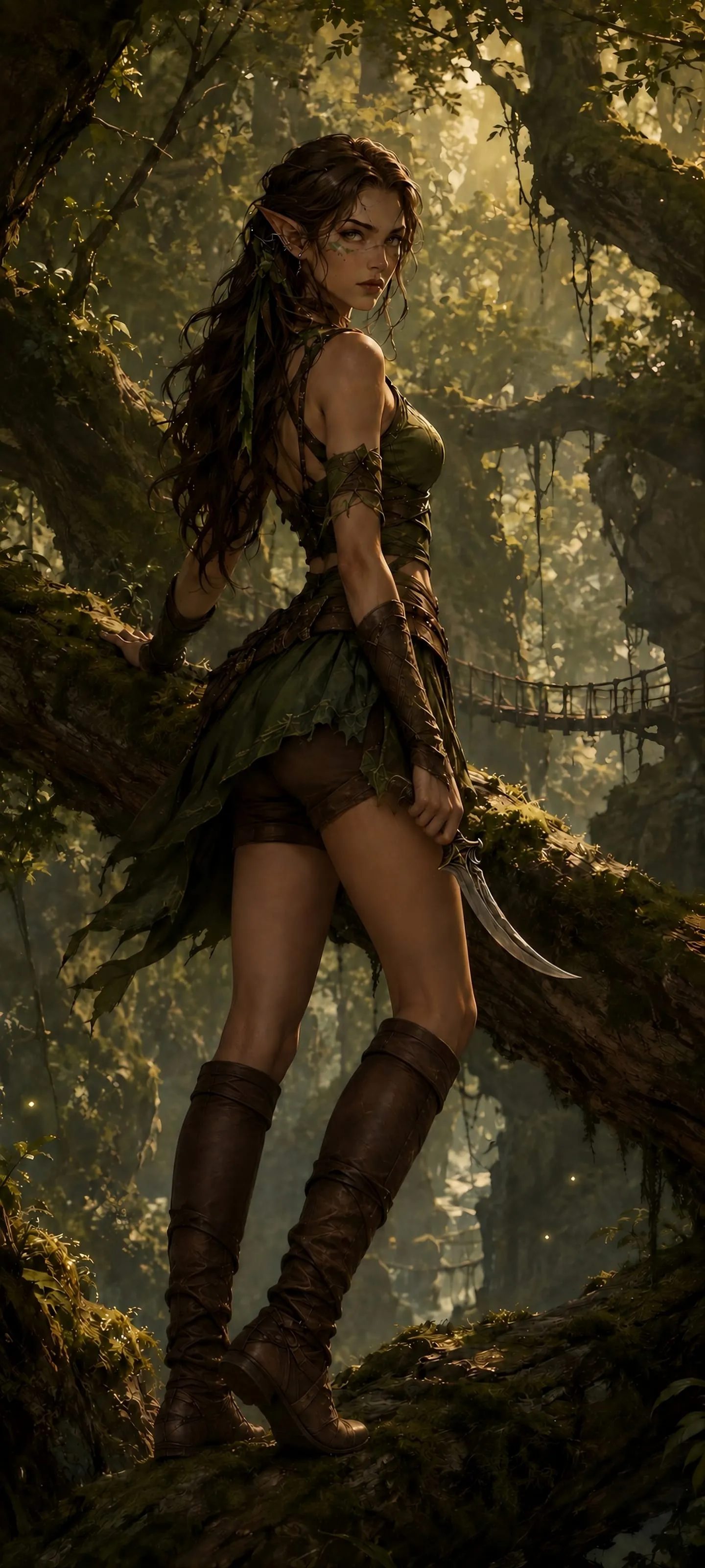 Lyssara Fen, a graceful forest elf scout with long chestnut hair, stands on a mossy branch in a sunlit canopy with a curved dagger.