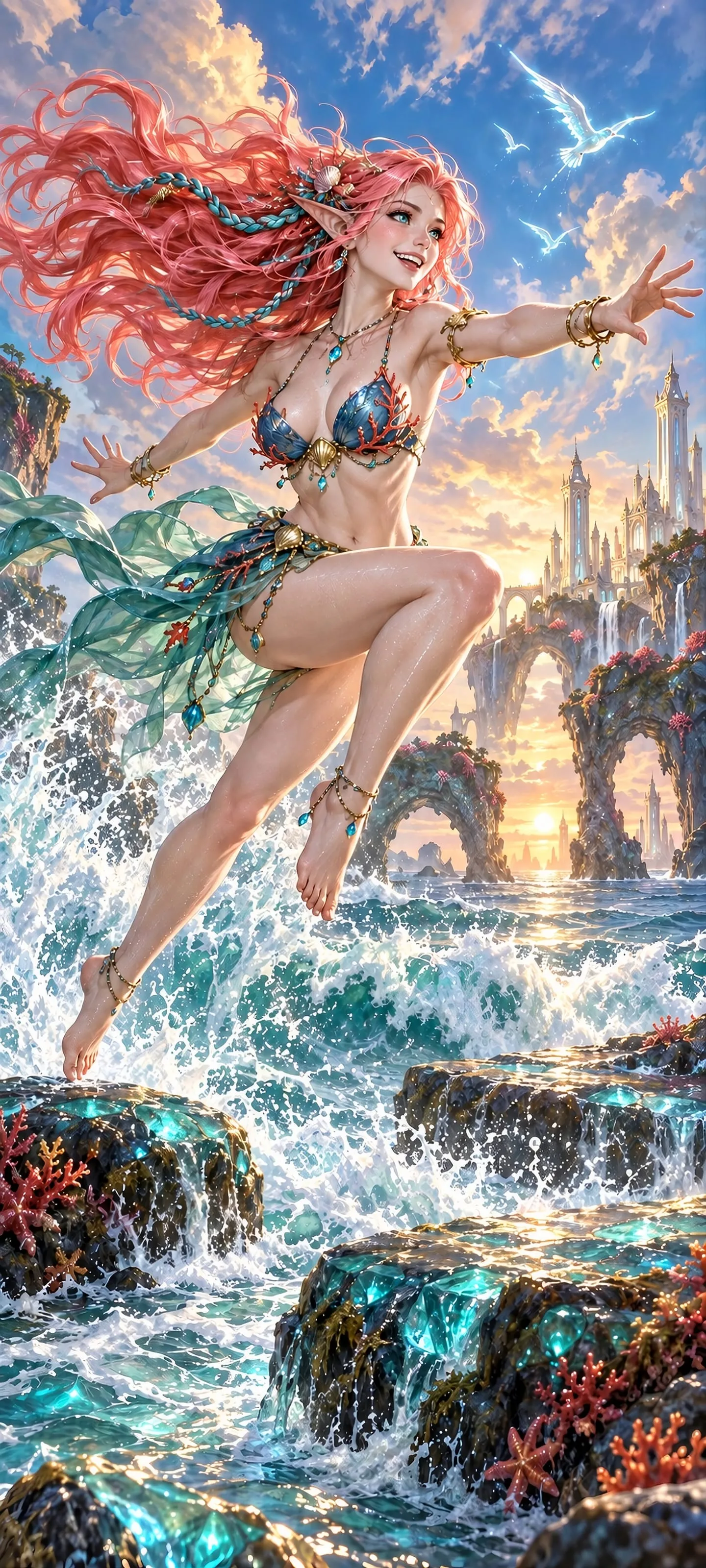 A joyful sea elf in sapphire fantasy swimwear leaps between glowing tide stones at sunrise.