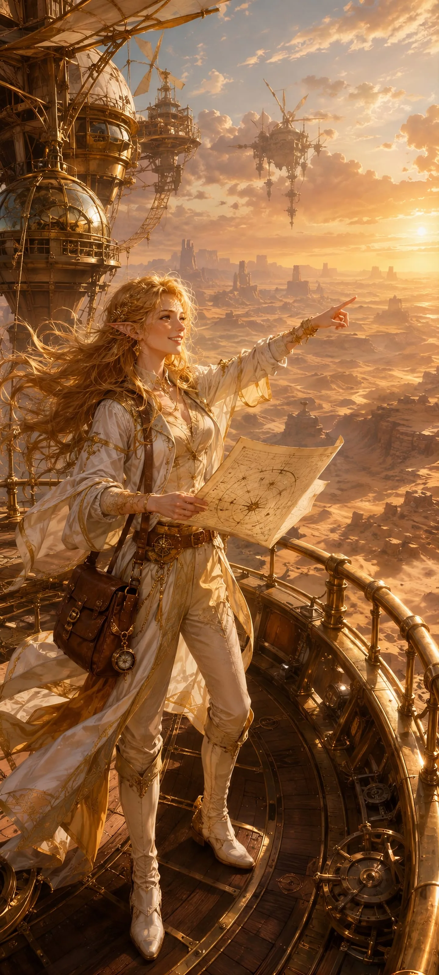 Full-body sun elf cartographer with long honey-gold hair mapping a golden desert from a floating observatory.