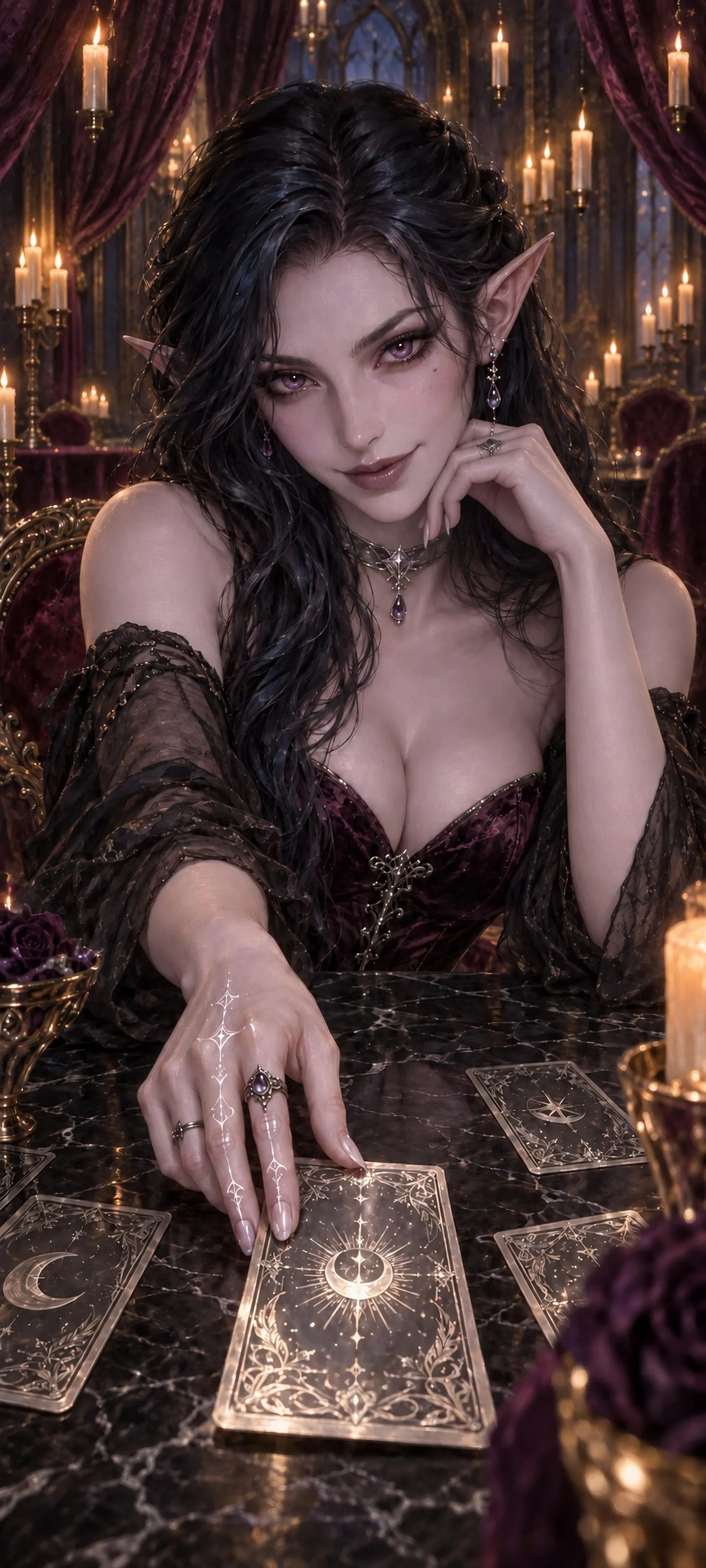 A sly dark elf card oracle leans over glowing silver cards in a candlelit shadow court salon.