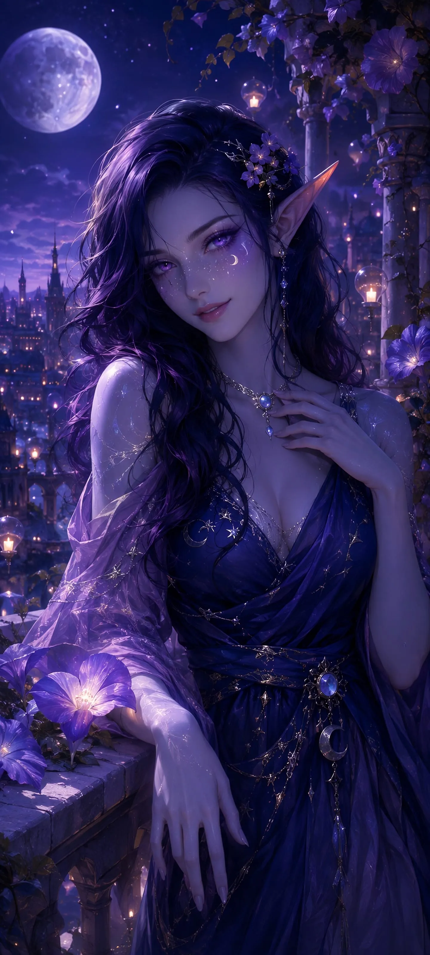 Close portrait of a beautiful 18+ night elf oracle with long midnight-purple hair and luminous silver-violet eyes among glowing moonflowers.