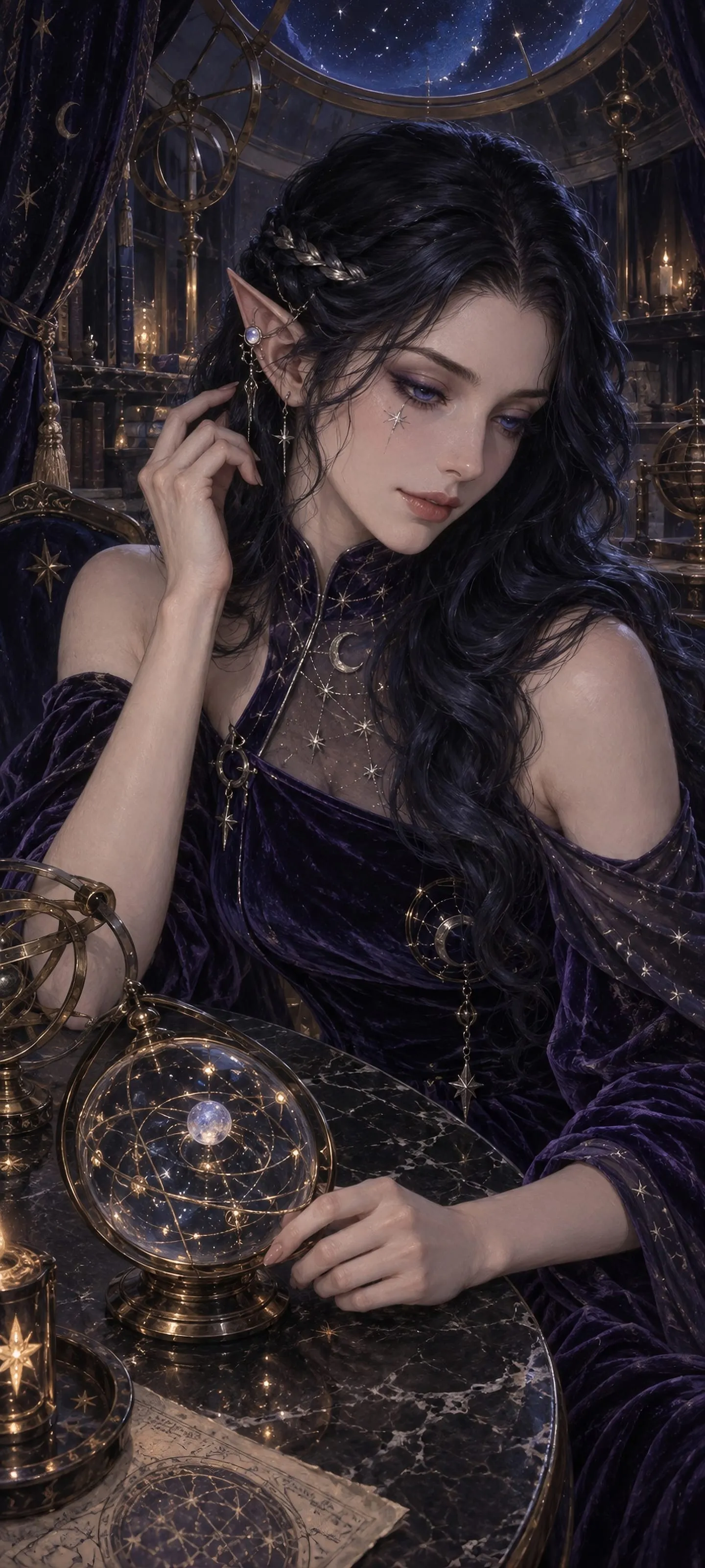 Thessara Vell, a graceful arcane elf beneath a floating glass astrolabe