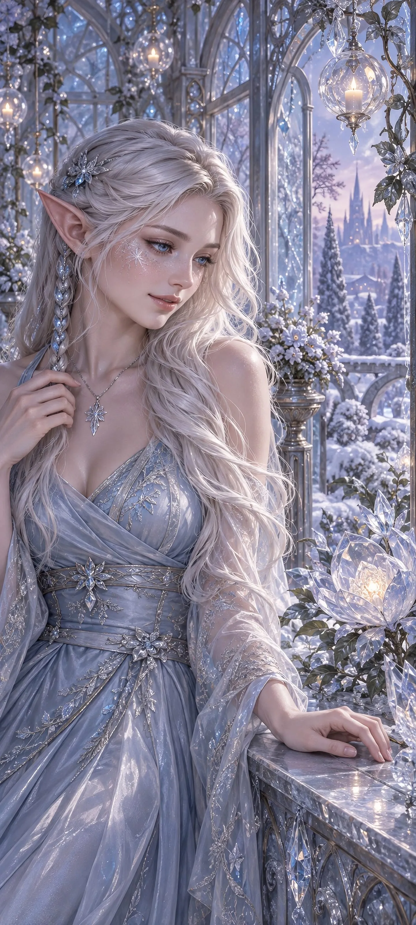 Eiravelle Serein, a frost elf watching a winter flower open inside a frostglass conservatory