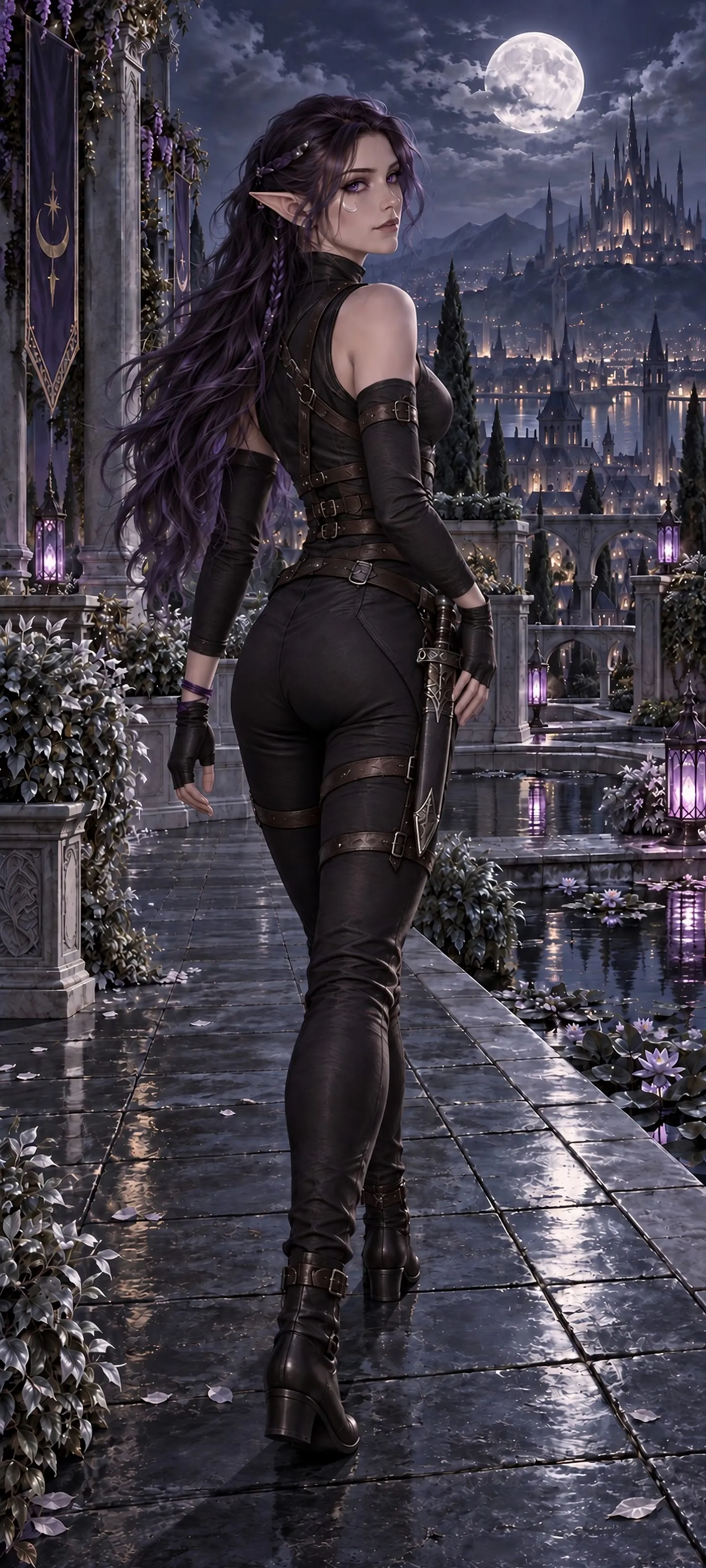 Nyris Vespera, a shadow elf rogue turning over her shoulder on a moonlit palace rooftop