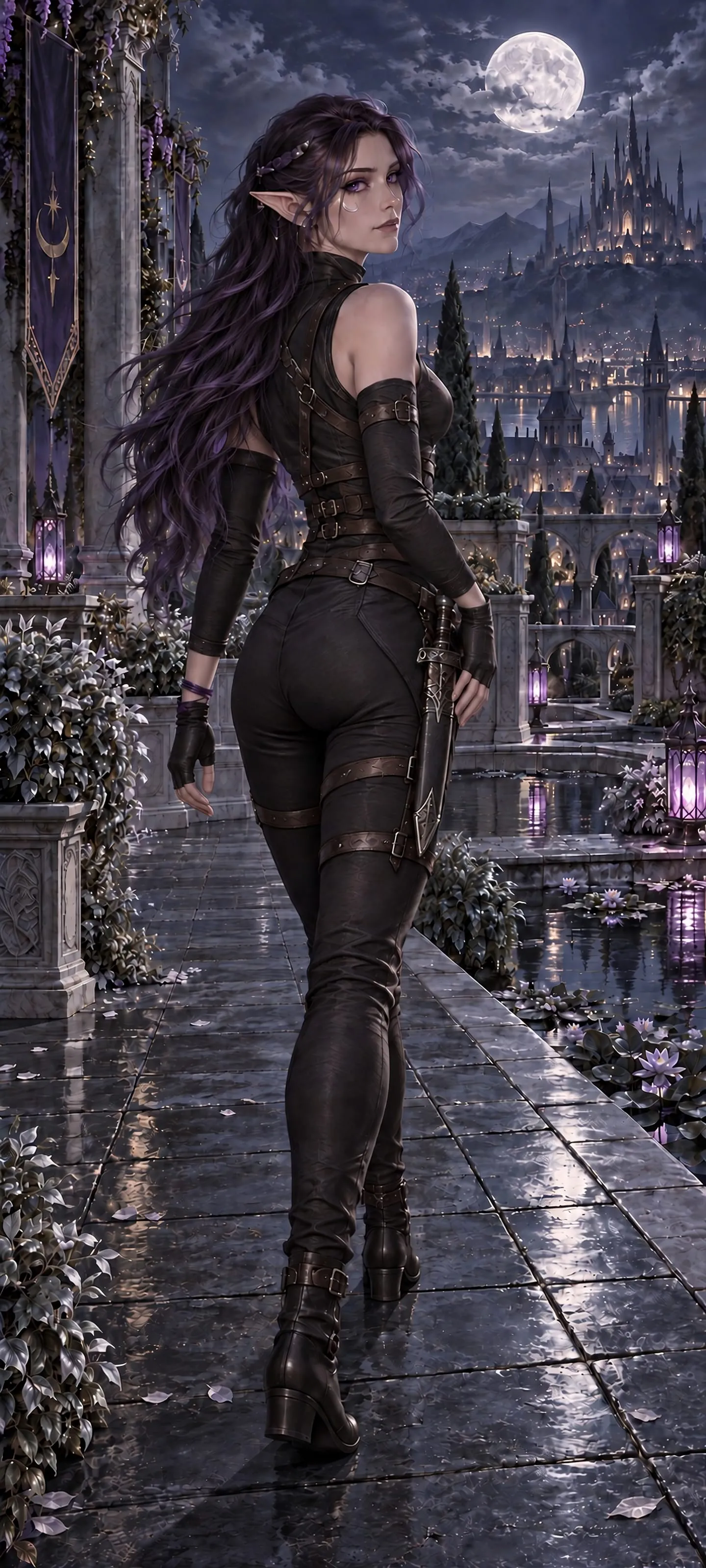 Nyris Vespera, a shadow elf rogue turning over her shoulder on a moonlit palace rooftop