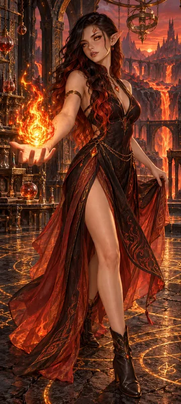 Rhaevia Sol, a lean ember elf mage holding a flame in her hand inside a volcanic spell atelier
