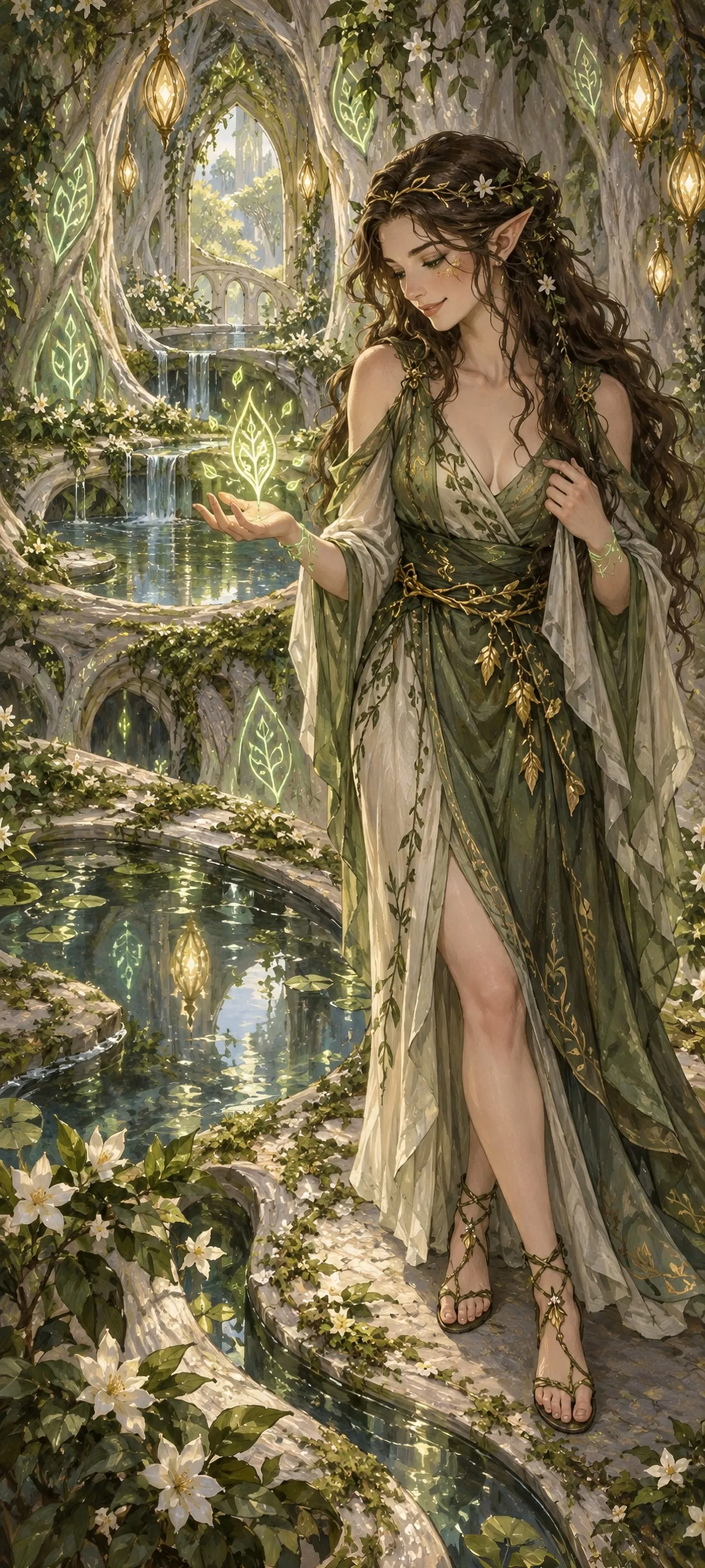 A serene wood elf in a sage-green dress studies a glowing rune in an ancient tree garden.