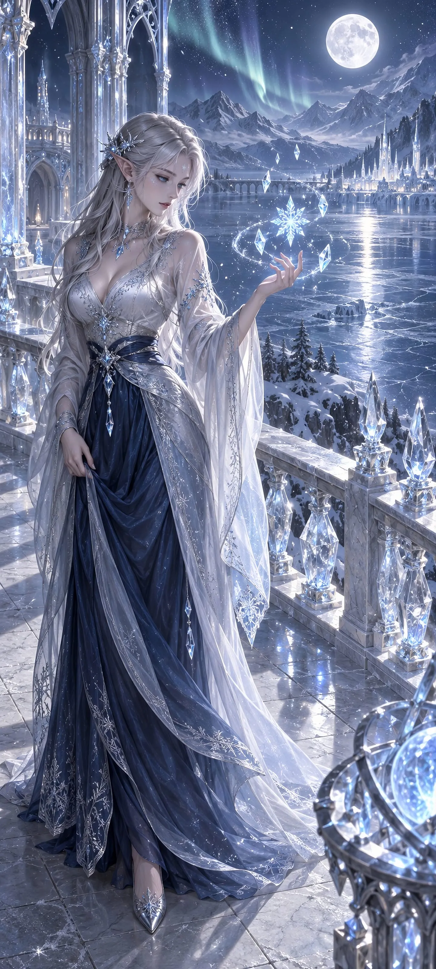Eirwen Frostvale, the Winter's Quiet Hand, shaping frost magic on a moonlit palace terrace