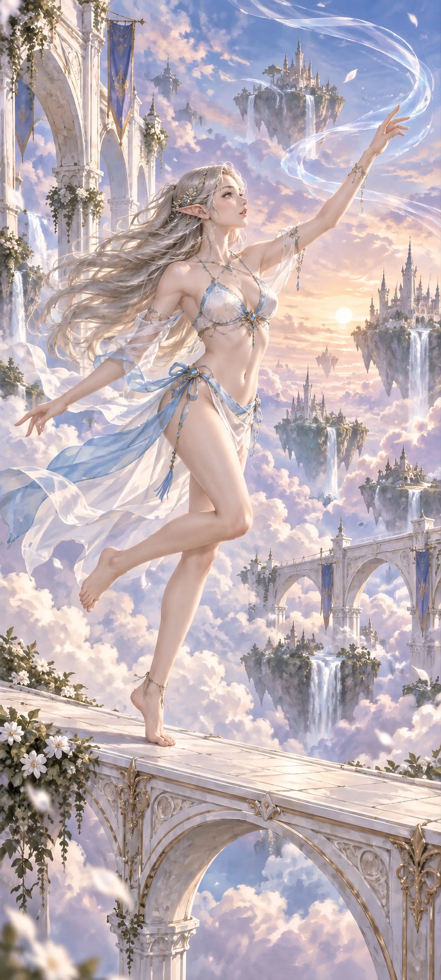 A lean and agile sky elf in a cloud-white fantasy bikini lands on a floating bridge above the clouds.