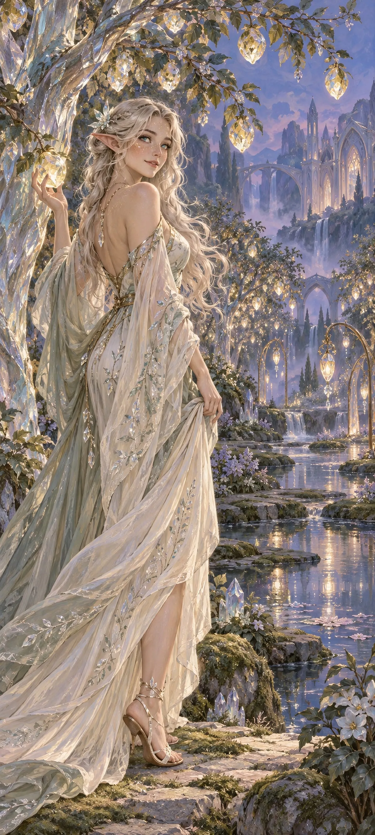 Ilyra Glassbloom, a graceful high elf in a luminous crystal orchard