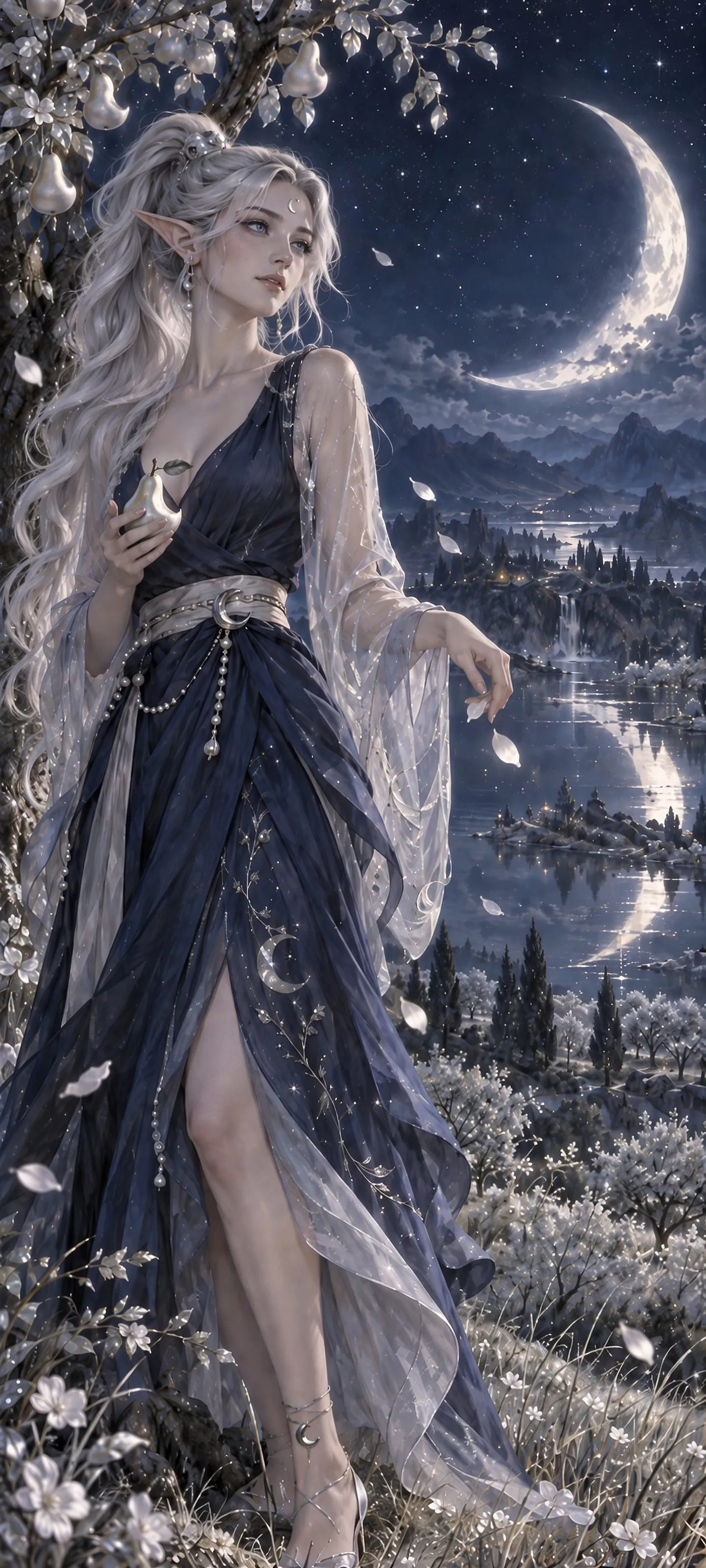 A moon elf with a segmented silver ponytail keeps a quiet vow in a moonlit pear orchard.