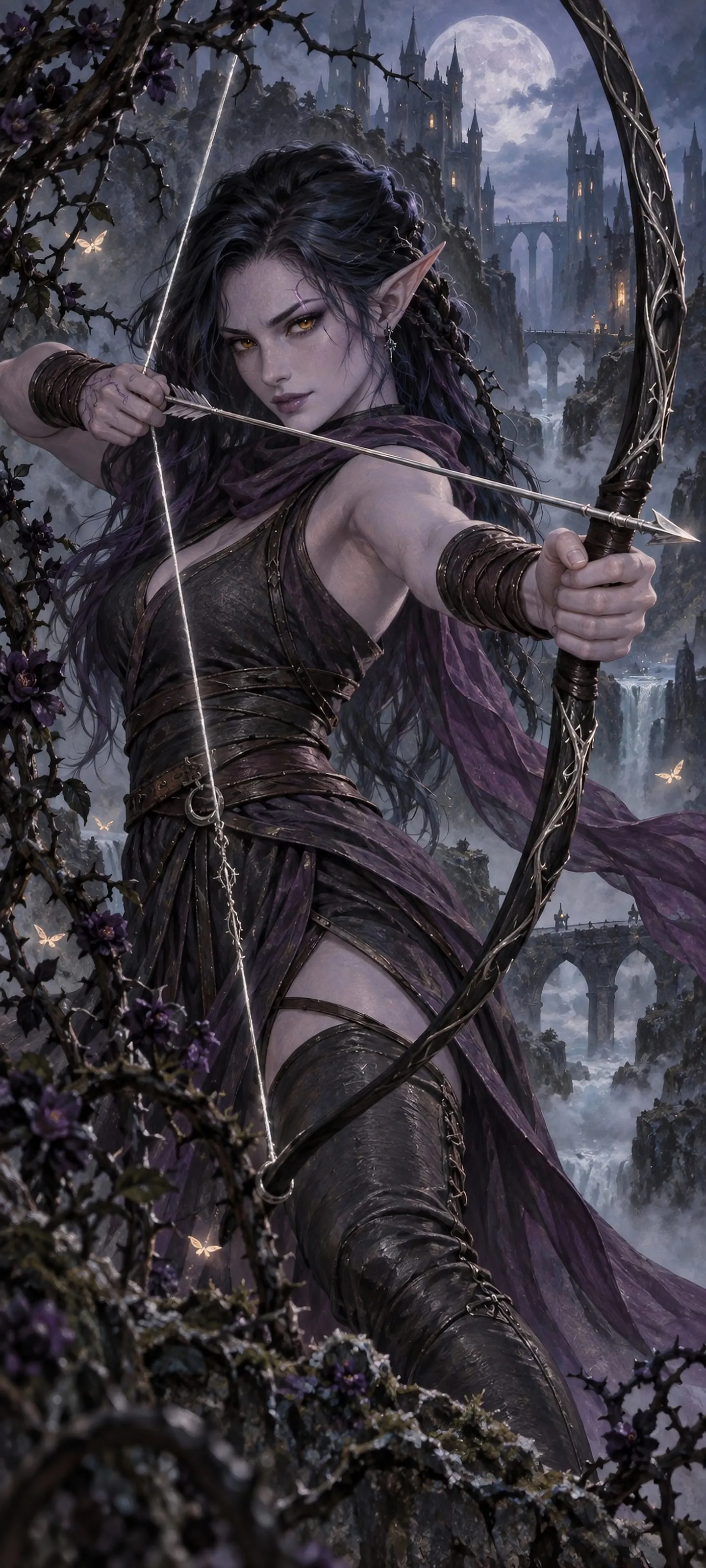 Vaerissa Thorn, a dangerous shadow elf archer in a moonlit thornwood