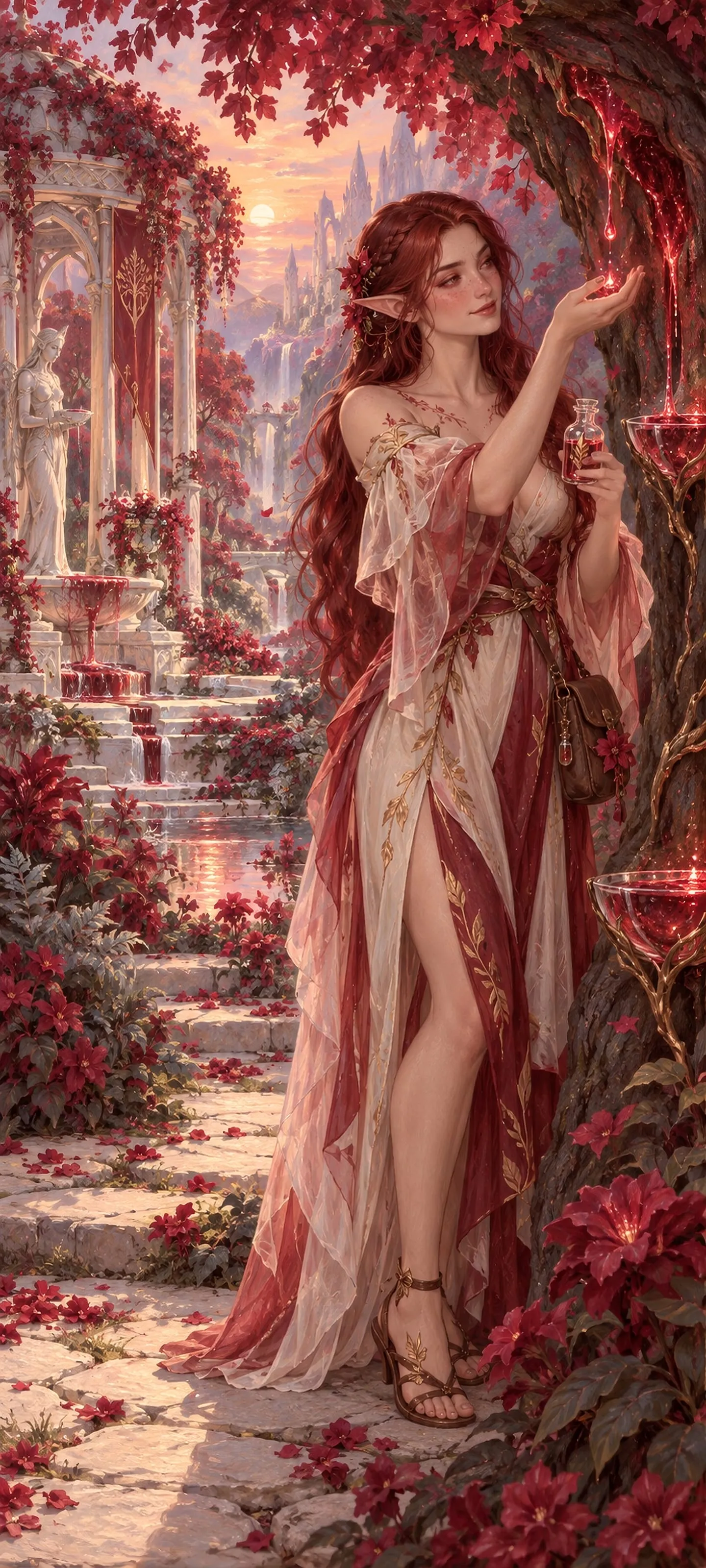 Serelith Veyra, a compassionate blood elf tending luminous healing sap in a crimson botanical sanctuary