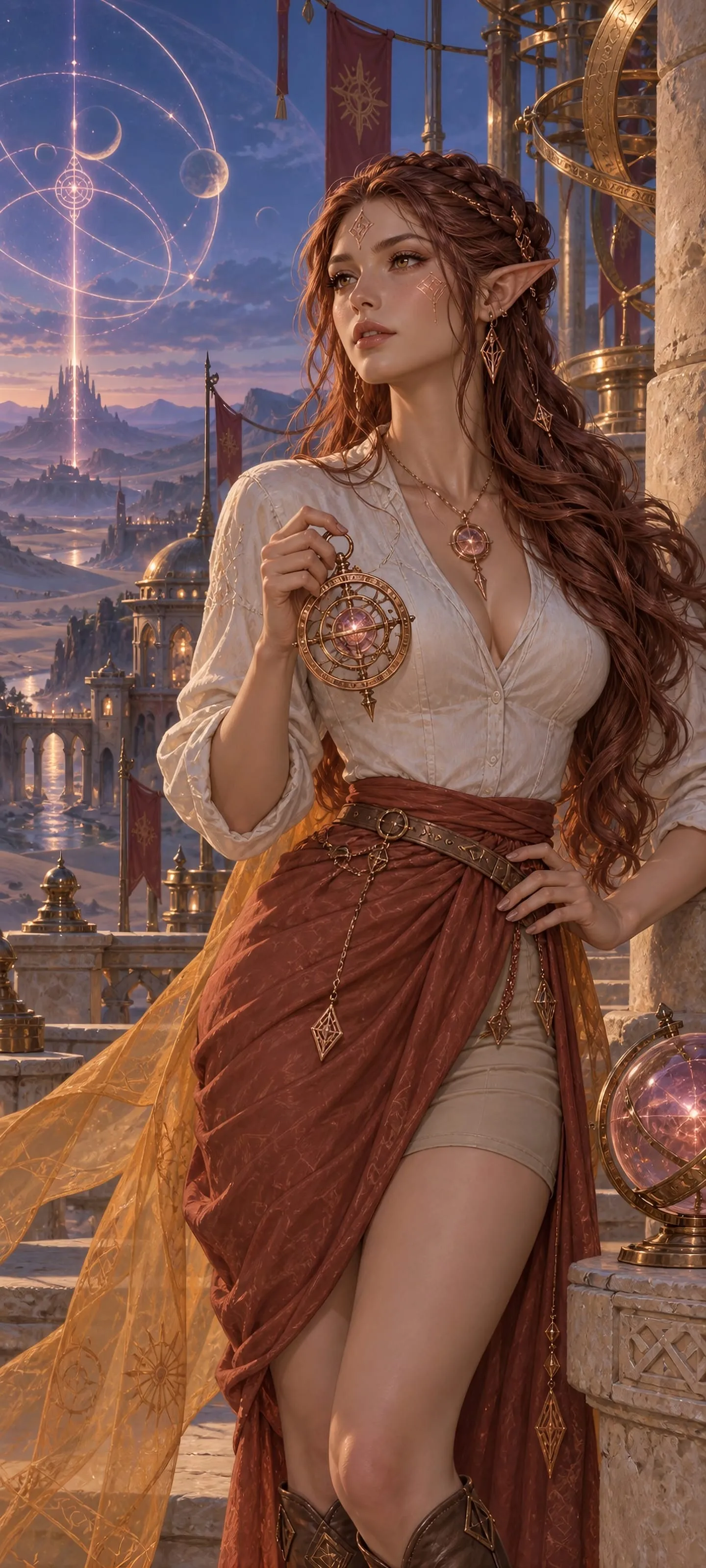 Nadira Solmere, a Desert Elf cartographer, studies a roseglass astrolabe at a sandstone observatory at blue hour.