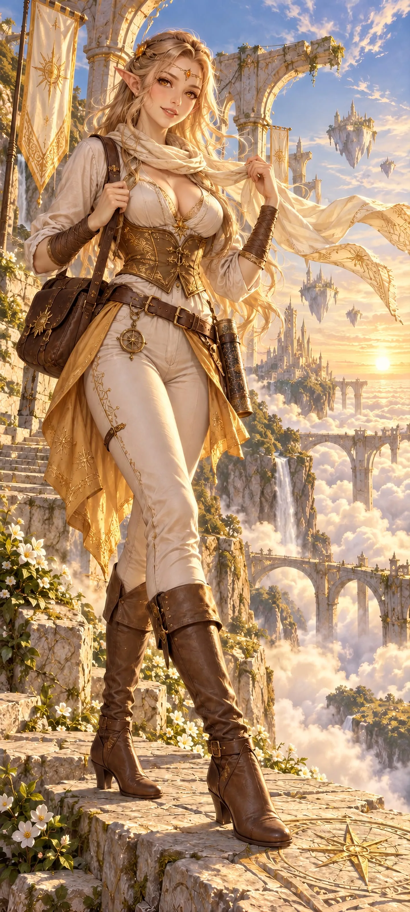Aveline Starcrest, the Sunroad Wanderer, standing on an ancient skyroad above the clouds