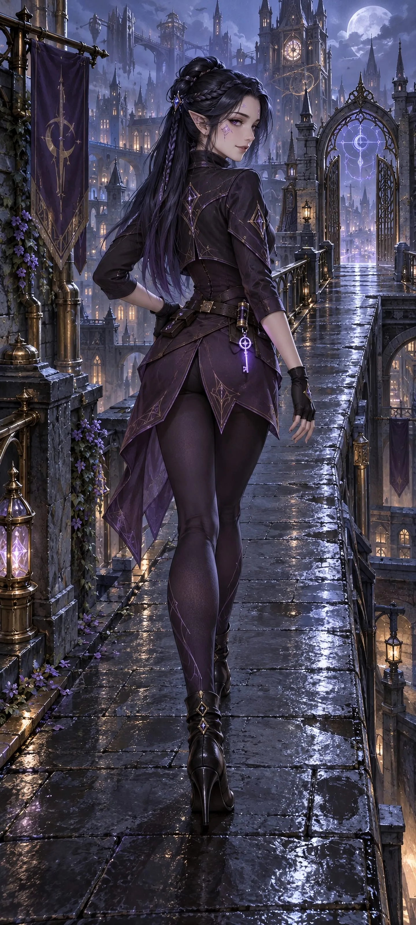 Seris Veyne, an Arcane Elf rogue, glances over her shoulder while crossing a moonlit rooftop in dark purple tights.