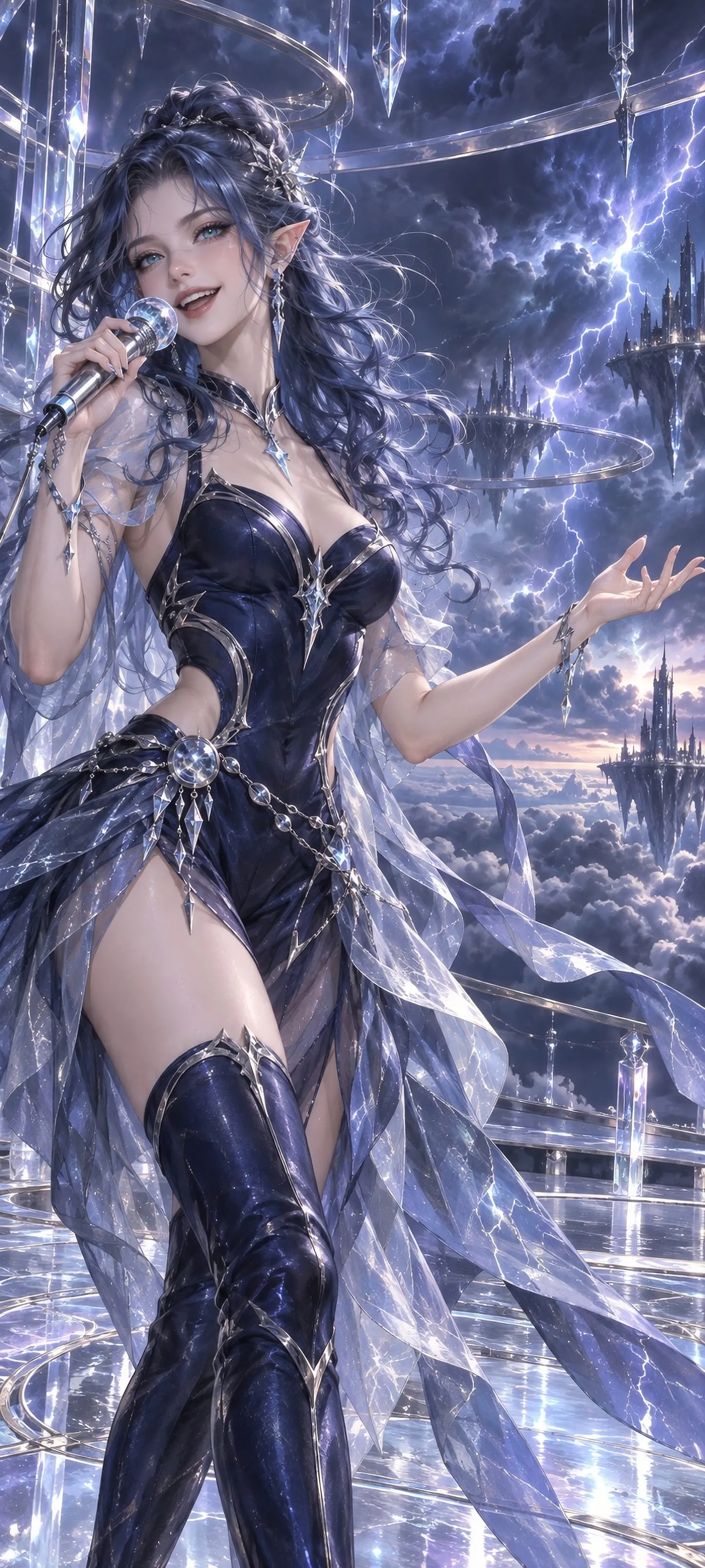 Veyra Tempest, a young adult Storm Elf singer performing on a floating stormglass stage above dark clouds