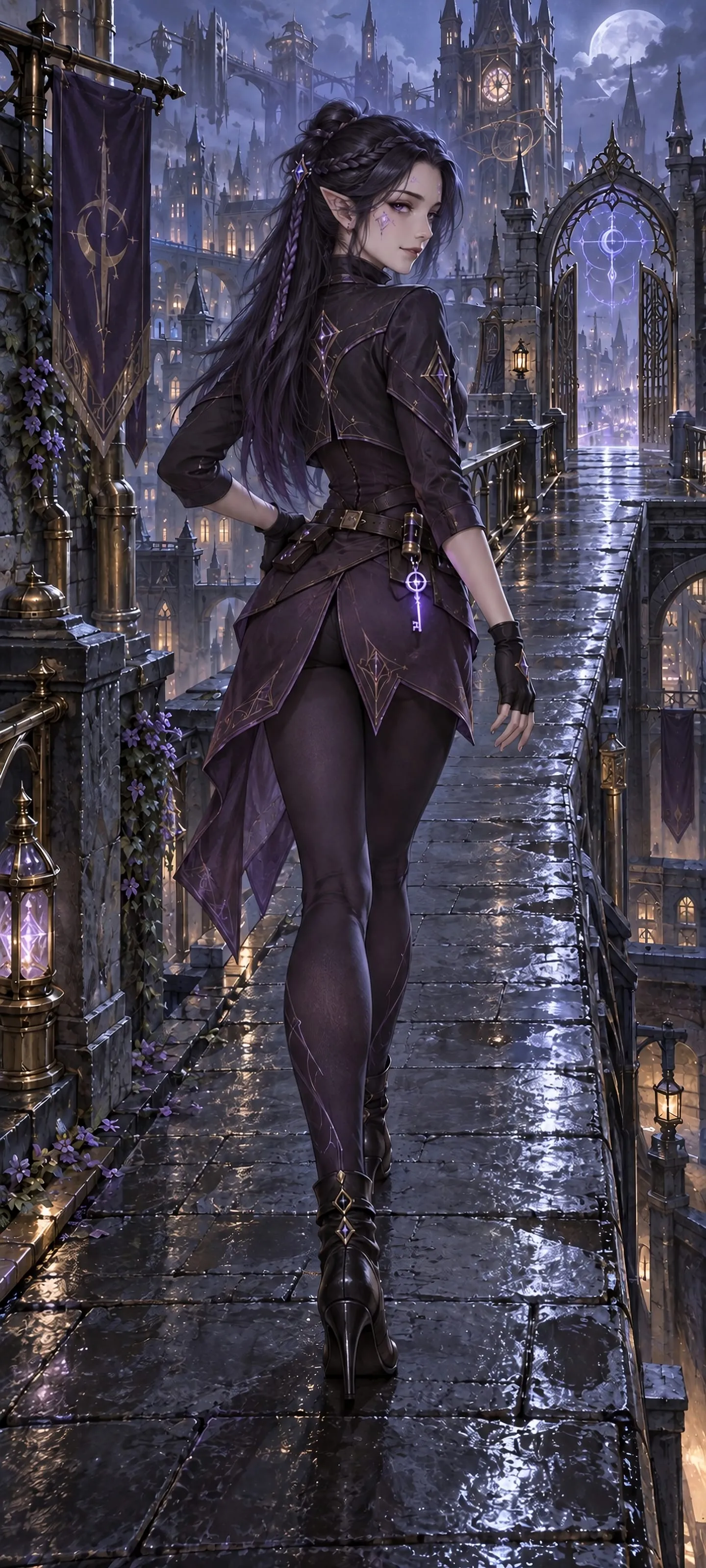Seris Veyne, an Arcane Elf rogue, glances over her shoulder while crossing a moonlit rooftop in dark purple tights.
