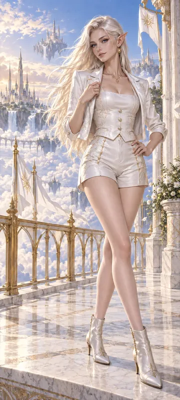 Elira Vael, an attractive high elf in a fashionable white jacket and tailored shorts on a cloud-high palace terrace