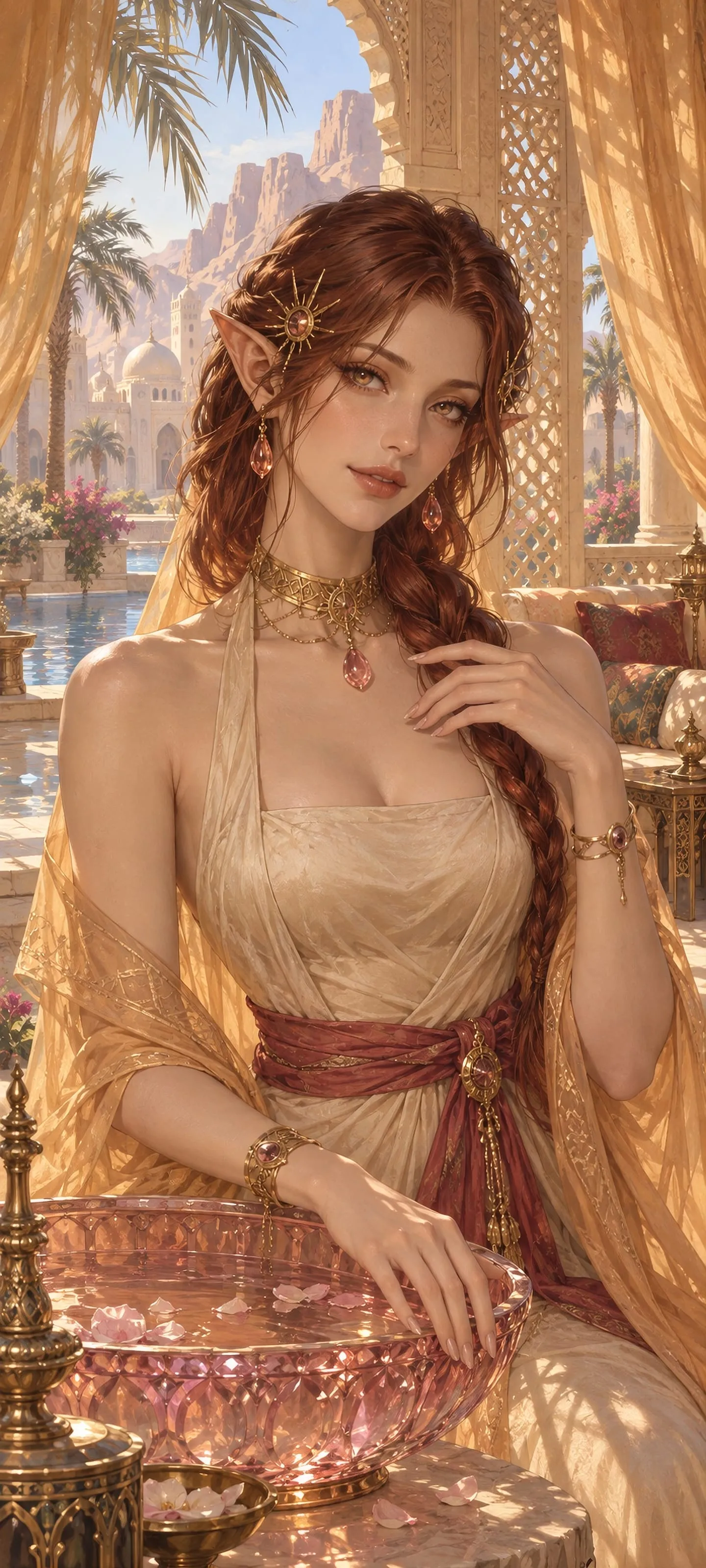 Nahara Qasira, a young adult Desert Elf oracle with pale amber eyes and a copper braid, rests her hands on a roseglass basin in an oasis palace pavilion.