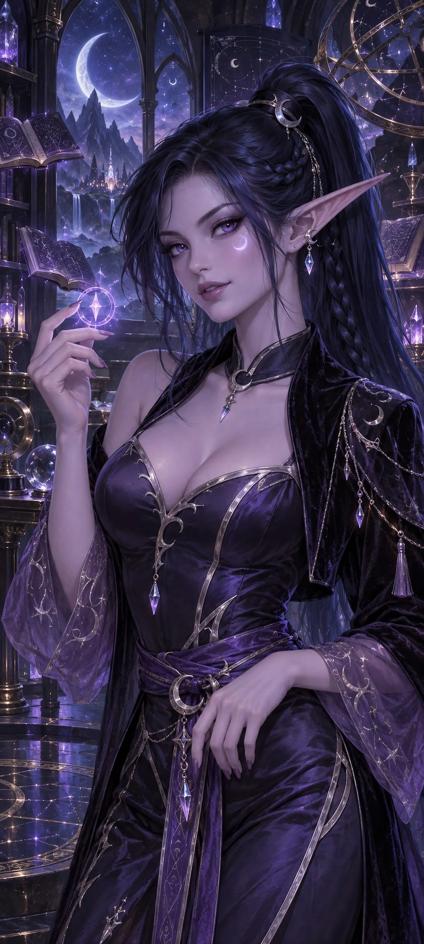 Waist-up portrait of Ilyra Moondusk, a slender adult Night Elf mage with violet eyes, a blue-black crescent braid, and a glowing rune in a moonlit arcane observatory.