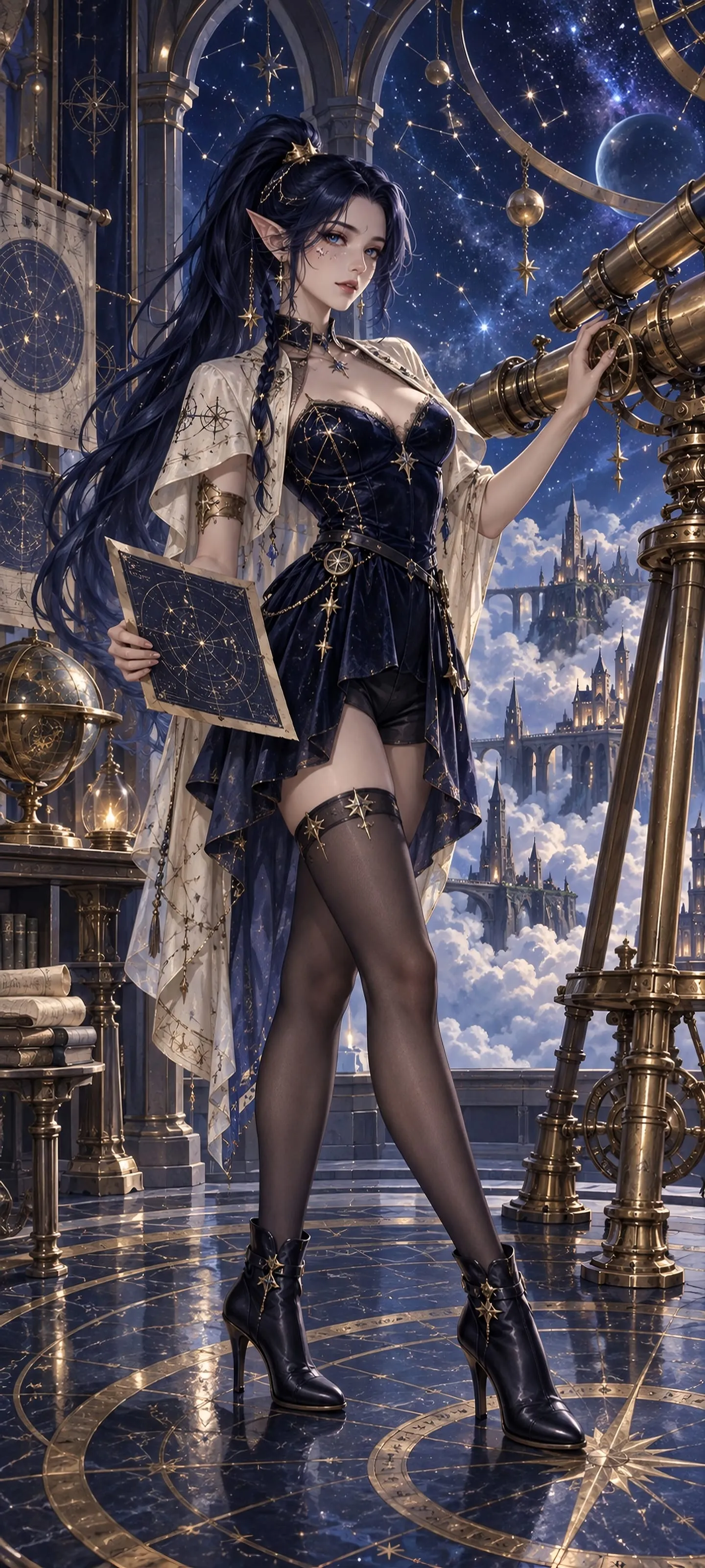 Full-body Star Elf astronomer Veyra Starfall holds a star chart beside a grand brass telescope in a celestial observatory above a luminous floating cloud city.