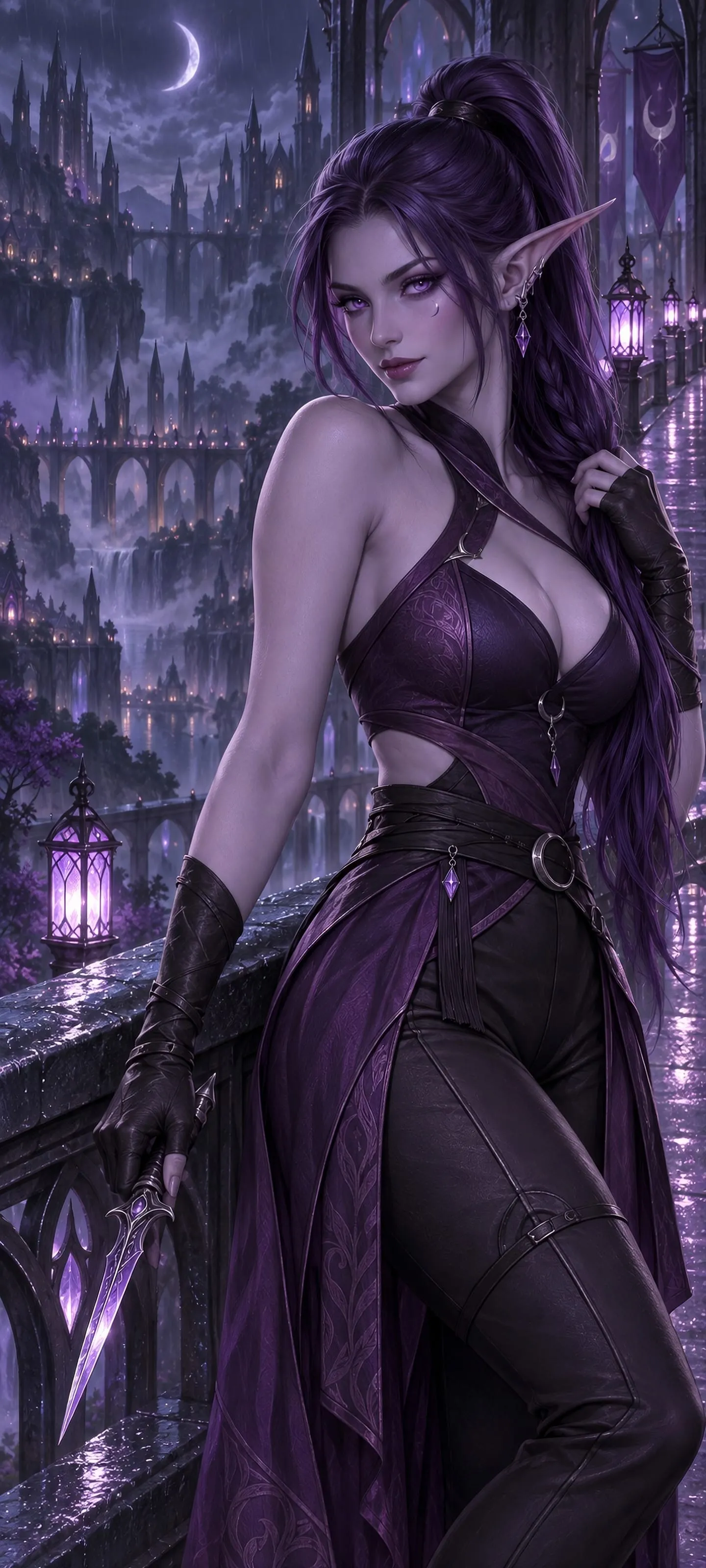 Velissara Veyne, the Amethyst Whisper, poised with a violet dagger above a sleeping city
