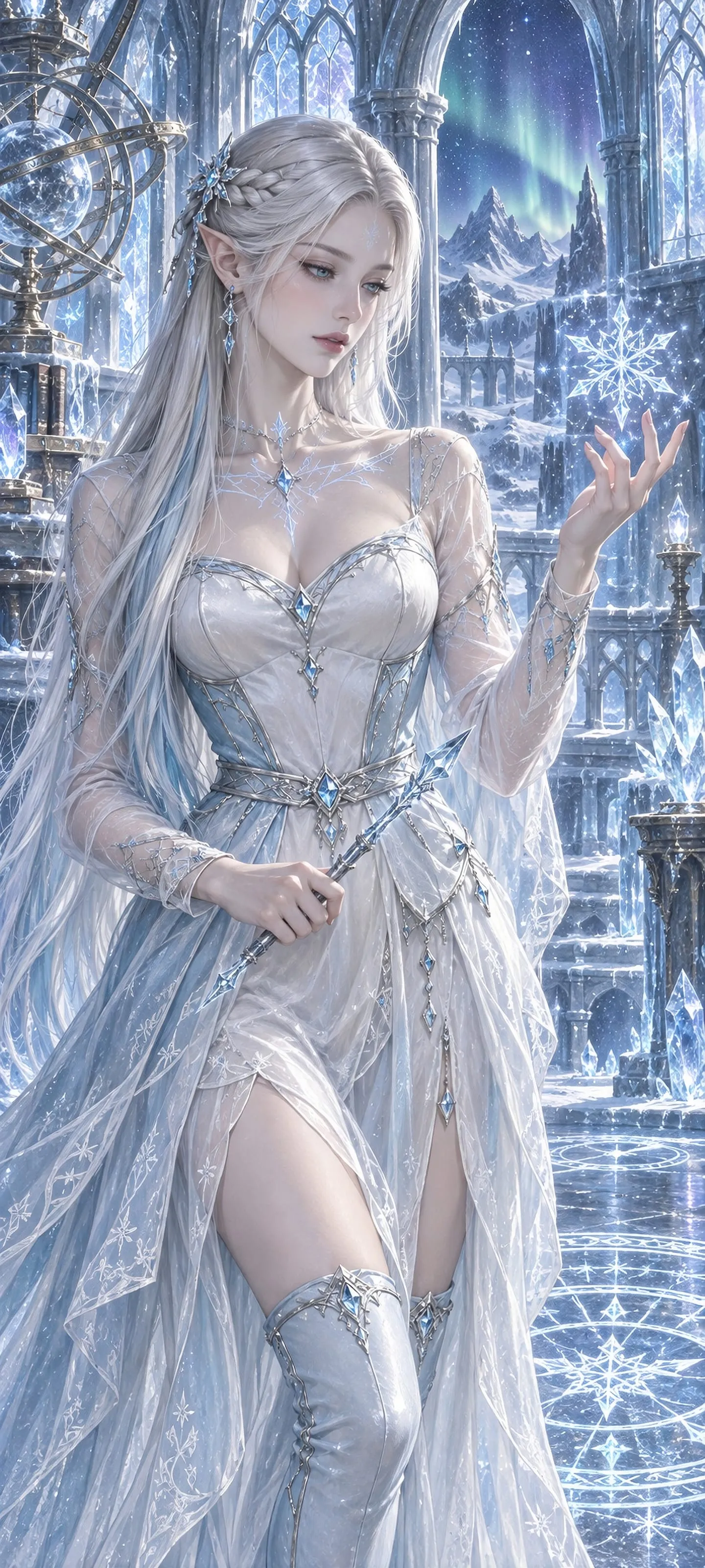 Knees-up portrait of Eirwen Voss, a serene Frost Elf mage with pearl-white hair, glacier-teal eyes, frost sigils, and a floating ice spell.