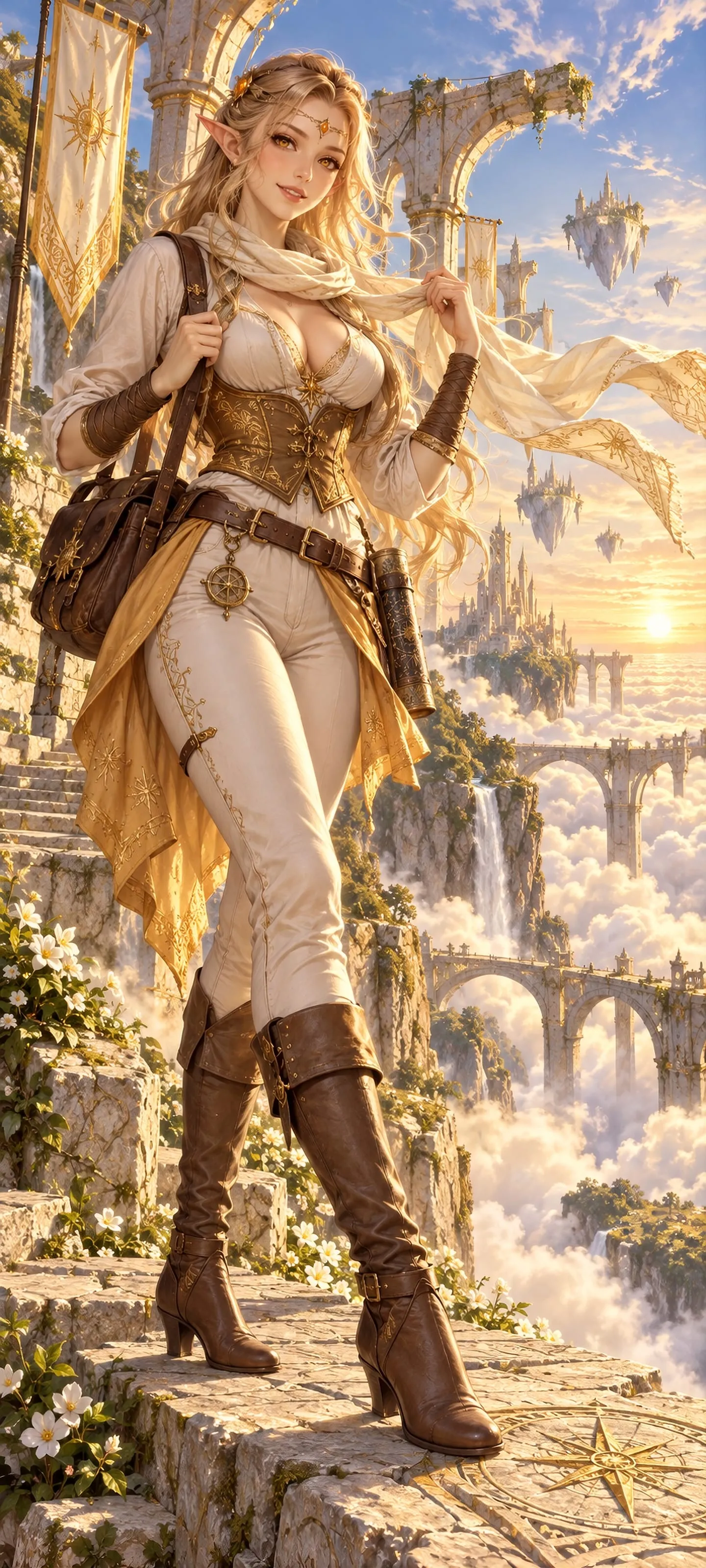Aveline Starcrest, the Sunroad Wanderer, standing on an ancient skyroad above the clouds