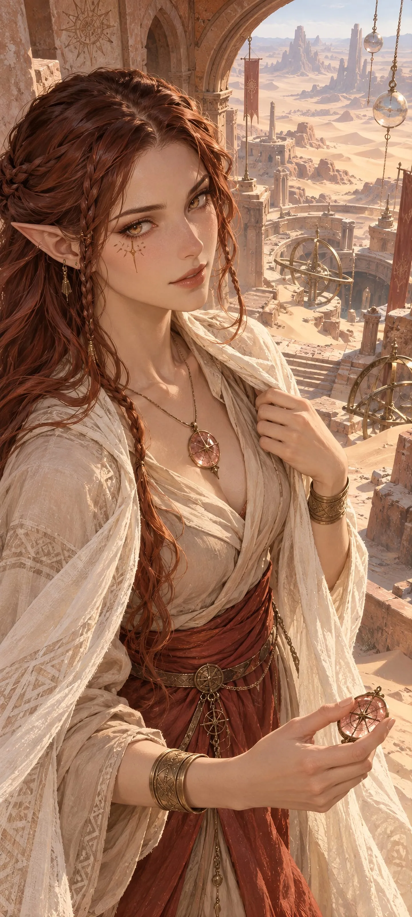 A desert elf with braided copper hair reads a roseglass compass outside a buried observatory.