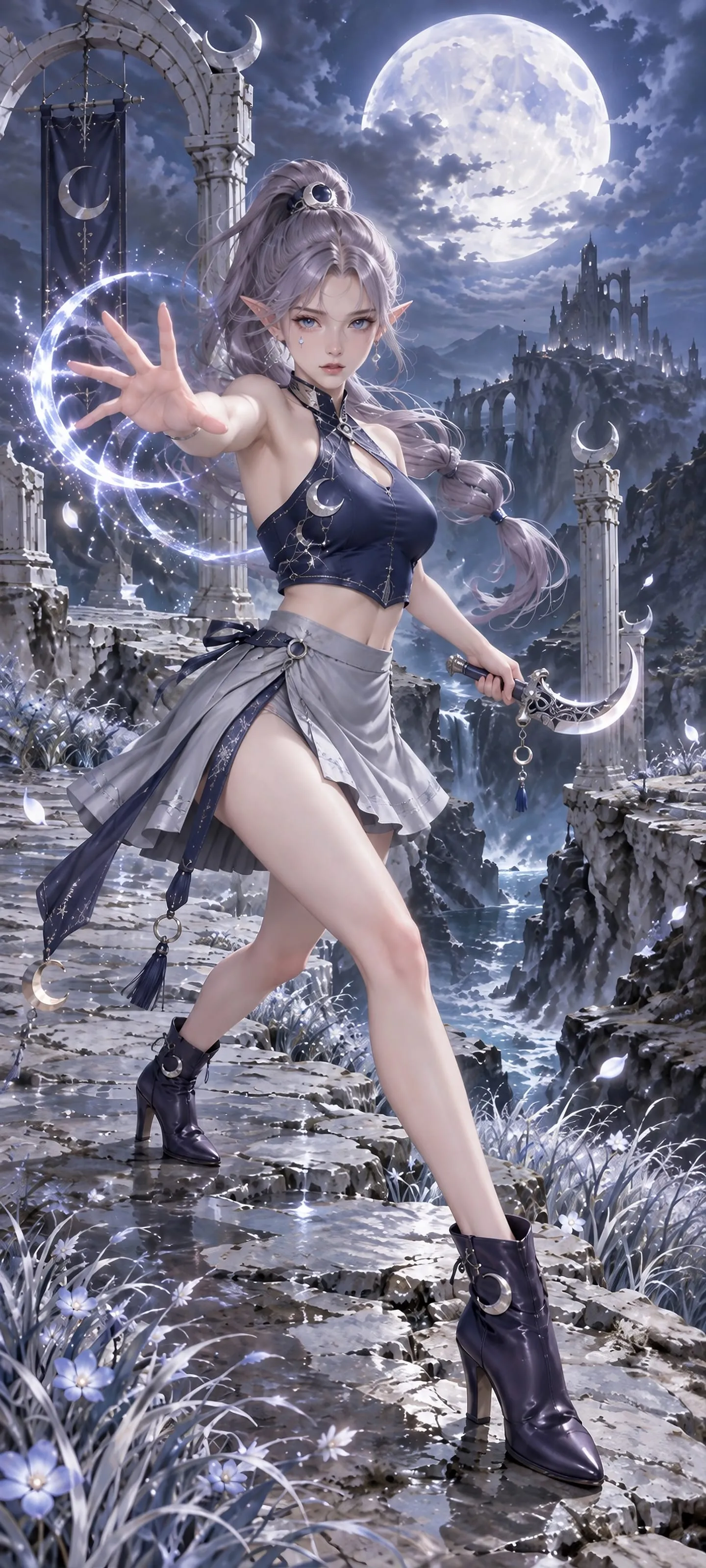 Full-body portrait of Nyra Moonswift, a fierce slim Moon Elf with pearl-lavender hair, a midnight crop top, silver mini skirt, and crescent blade on a moonlit temple causeway.